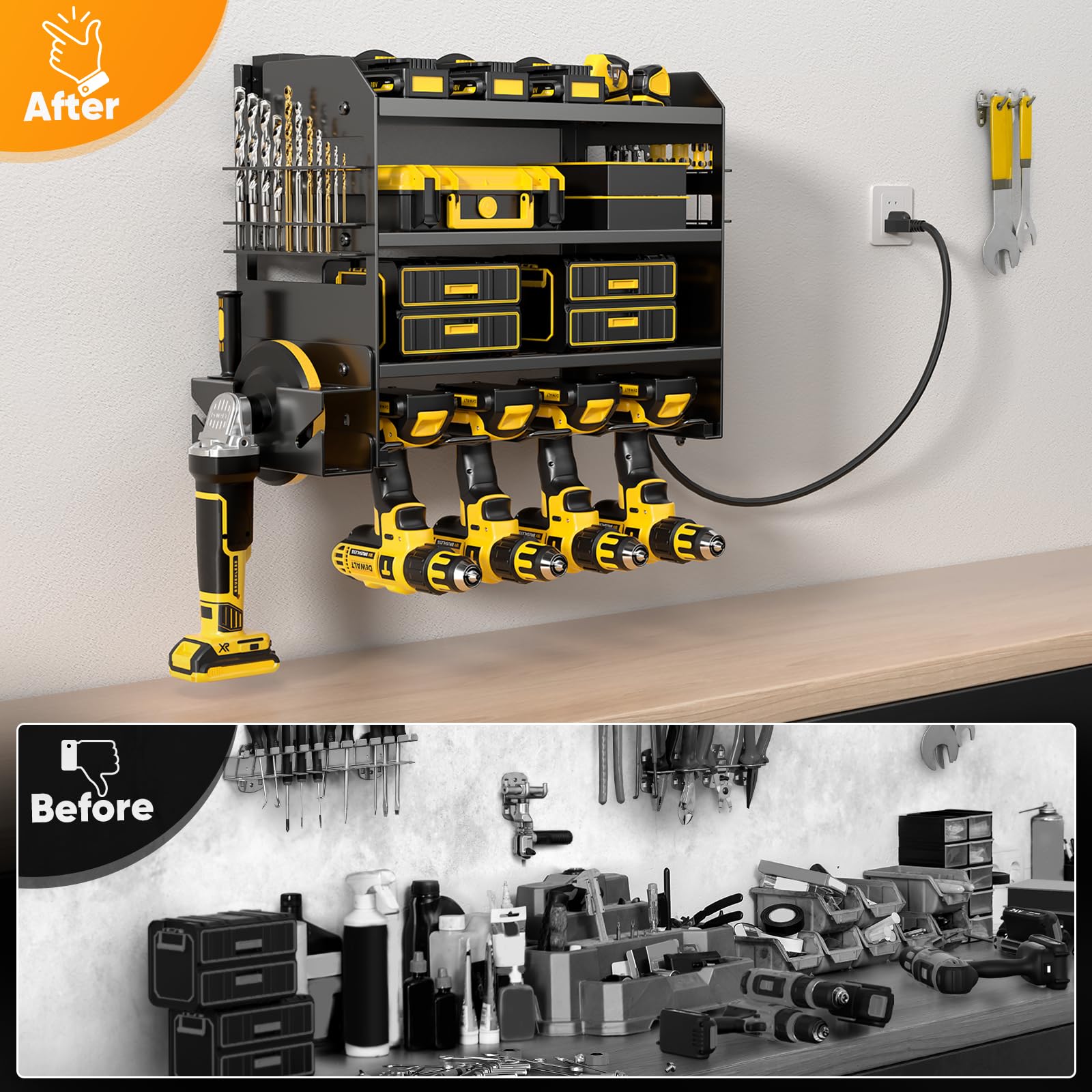Wall Mounted Power Tool Organizer Charging Station Metal Garage Storage Rack 4 Tier Drill Holder 600 lbs Capacity Battery Tool Rack