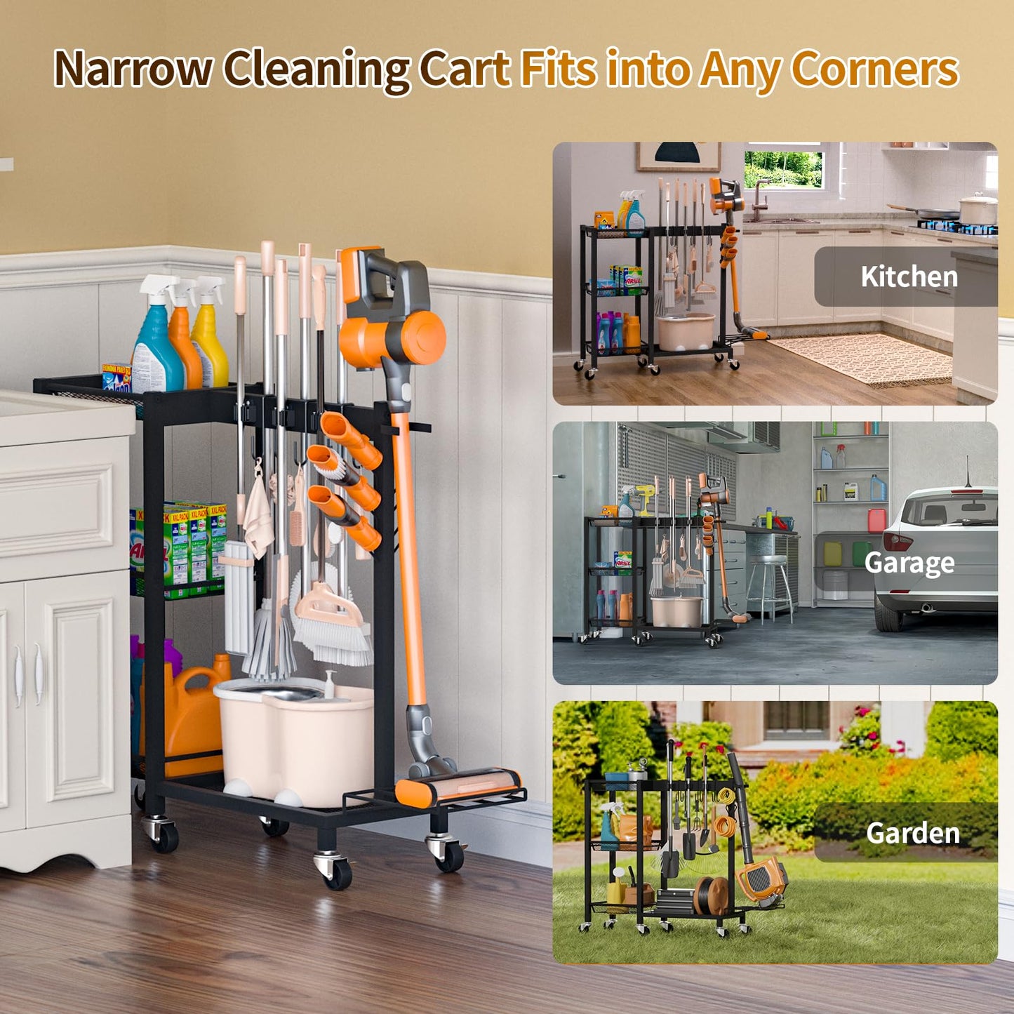 FLOUREE Broom Holder with Cleaning Supplies Organizer & Large Capacity
