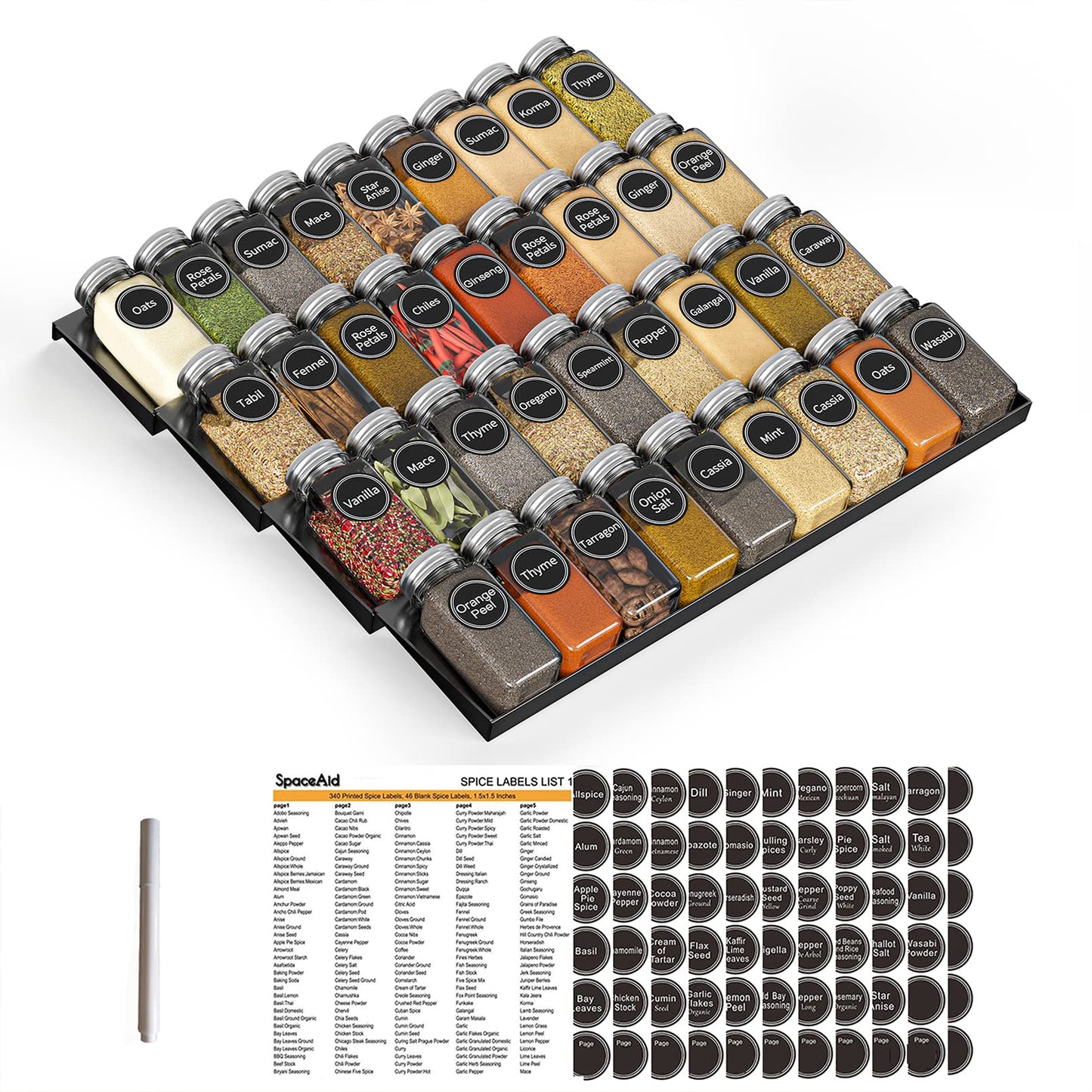 Spice Drawer Organizer with 28 Spice Jars Labels and Marker Kitchen Drawer Storage Rack