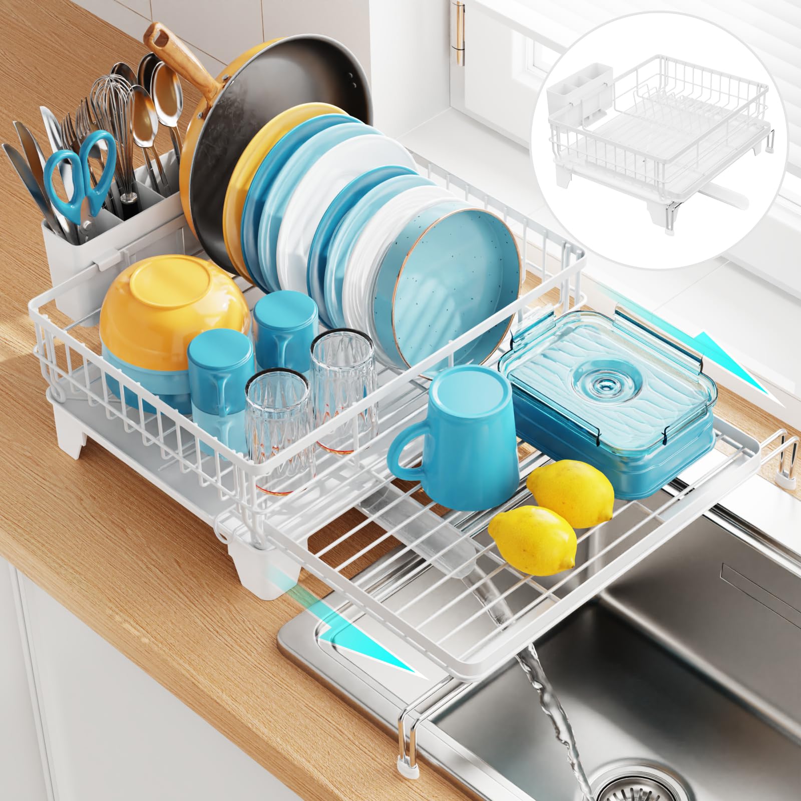 Dish Drying Rack Expandable Kitchen Counter Sink Drainer Pan Slots Utensil Holder Drainboard Black