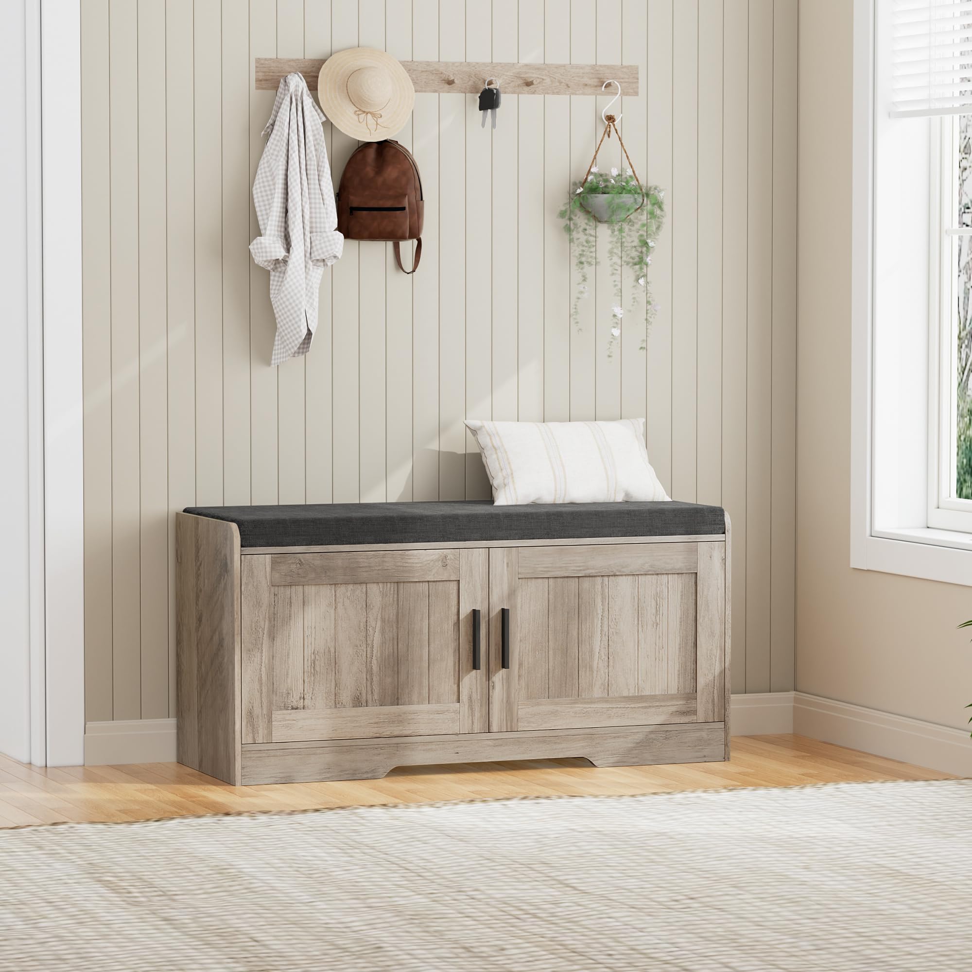 Shoe Bench Storage Bench with Cushion Doors Adjustable Shelf Entryway Bedroom Organizer