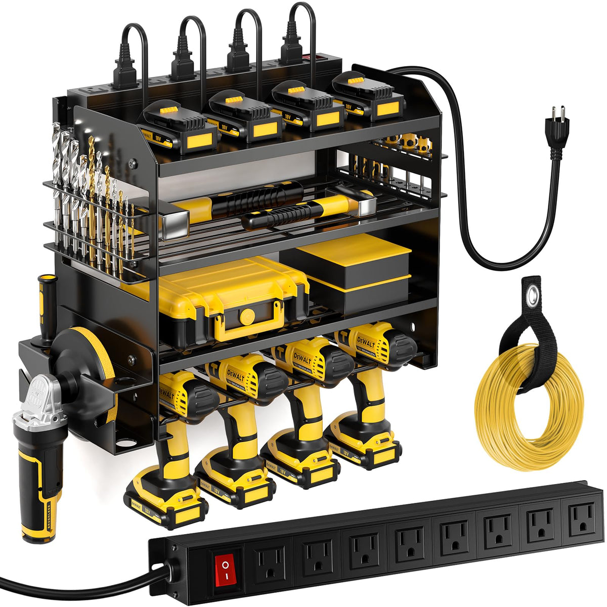 Wall Mounted Power Tool Organizer Charging Station Metal Garage Storage Rack 4 Tier Drill Holder 600 lbs Capacity Battery Tool Rack