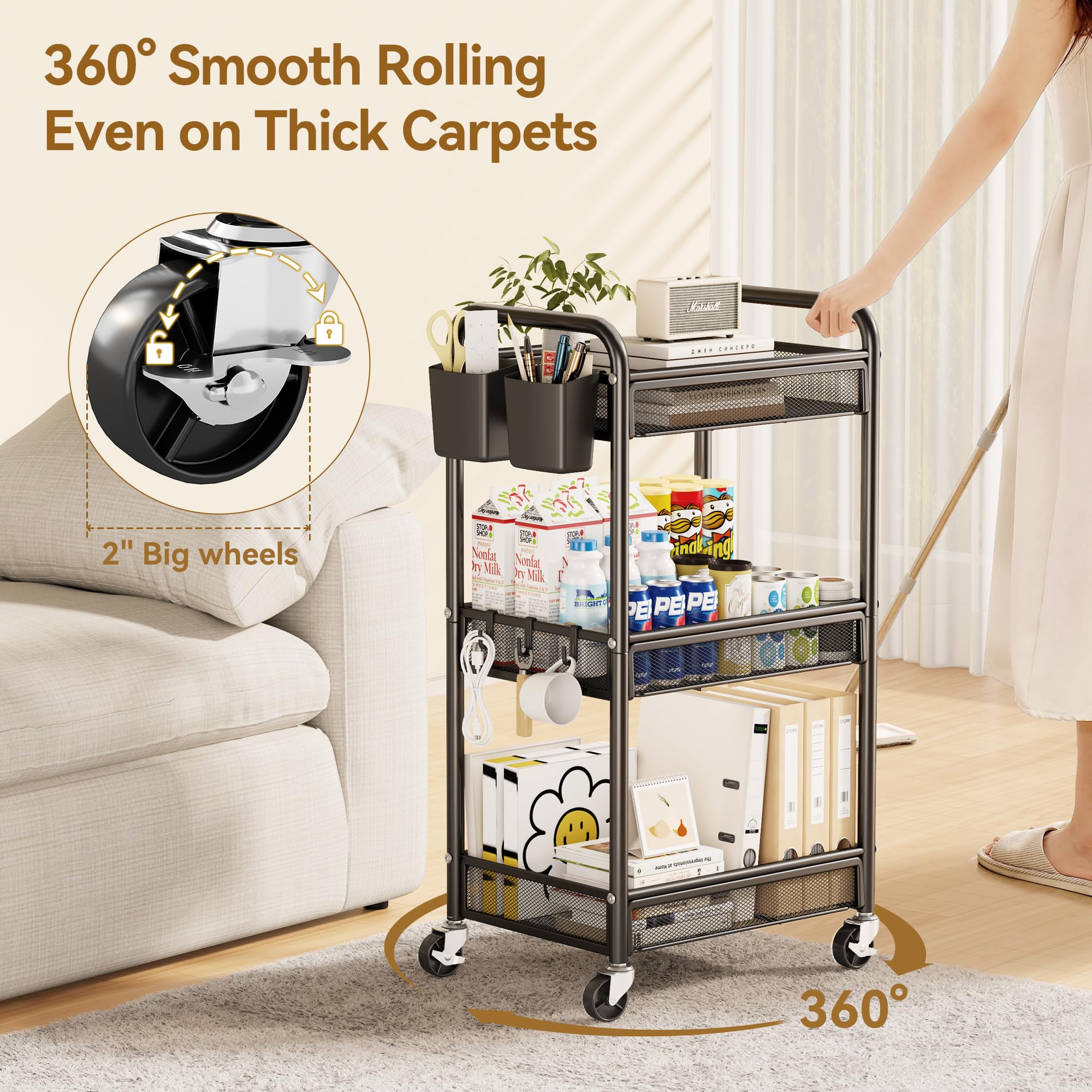 YASONIC 3 Tier Rolling Cart Metal Utility Storage Cart with Wheels