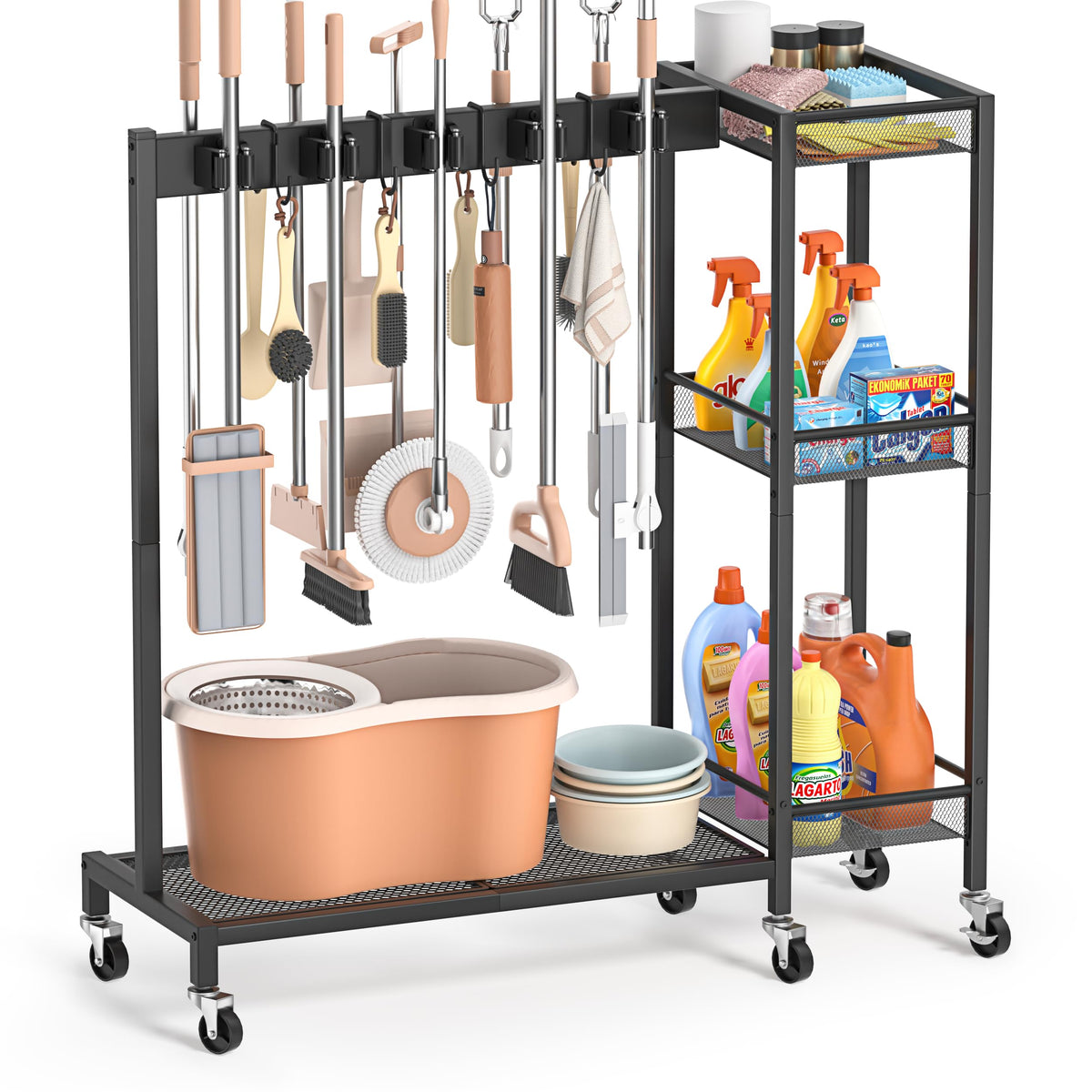 Broom Holder Cleaning Supplies Organizer Mop Vacuum Storage Rack Laundry Room Organizer Cart