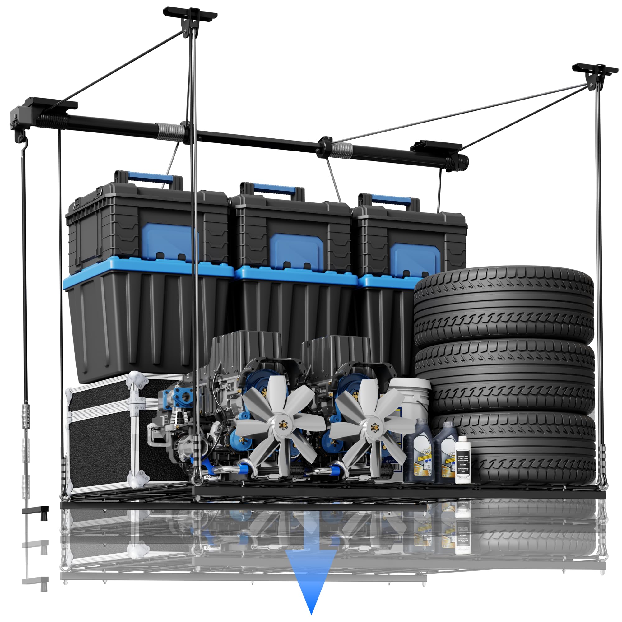 Motorized Ceiling Storage Rack Lift System 350 lbs Capacity Steel Garage Organizer with Hand Crank Drill Lift Safety Lock 4x4 ft Adjustable Ceiling Storage Platform