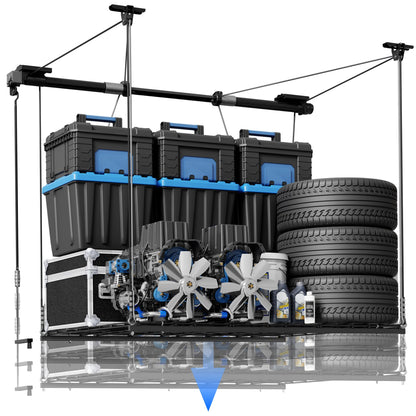 Motorized Ceiling Storage Rack Lift System 350 lbs Capacity Steel Garage Organizer with Hand Crank Drill Lift Safety Lock 4x4 ft Adjustable Ceiling Storage Platform