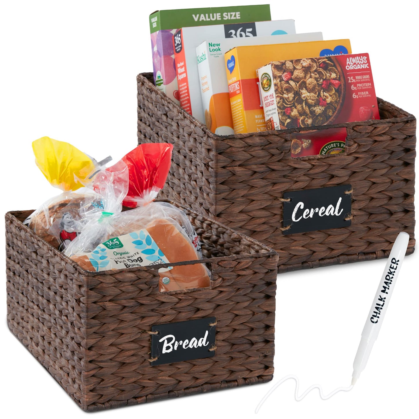 Woven Water Hyacinth Pantry Storage Baskets with Chalkboard Labels Set of 2