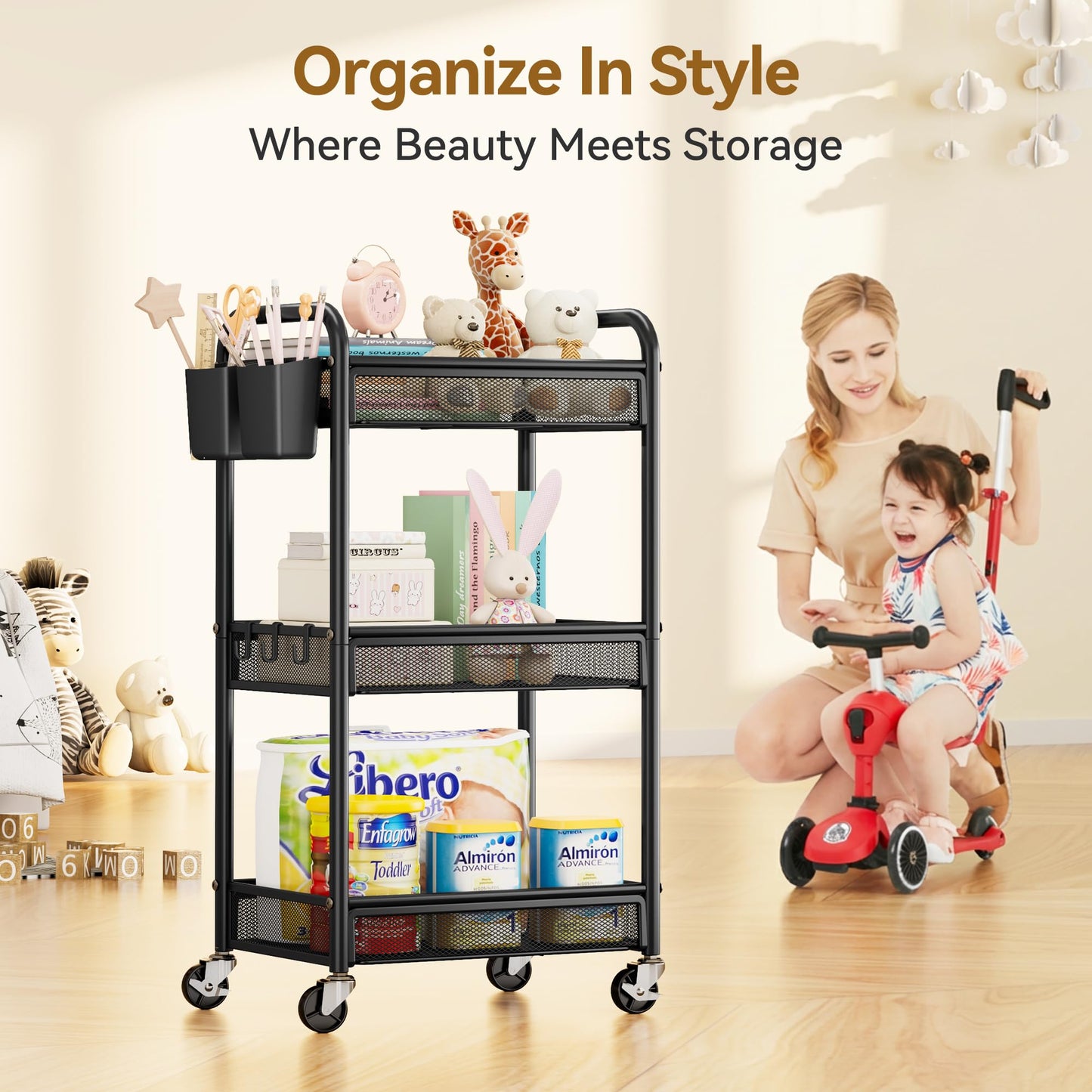 YASONIC 3 Tier Rolling Cart Metal Utility Storage Cart with Wheels