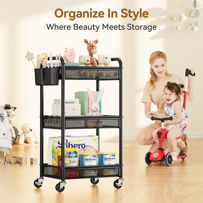 YASONIC 3 Tier Rolling Cart Metal Utility Storage Cart with Wheels