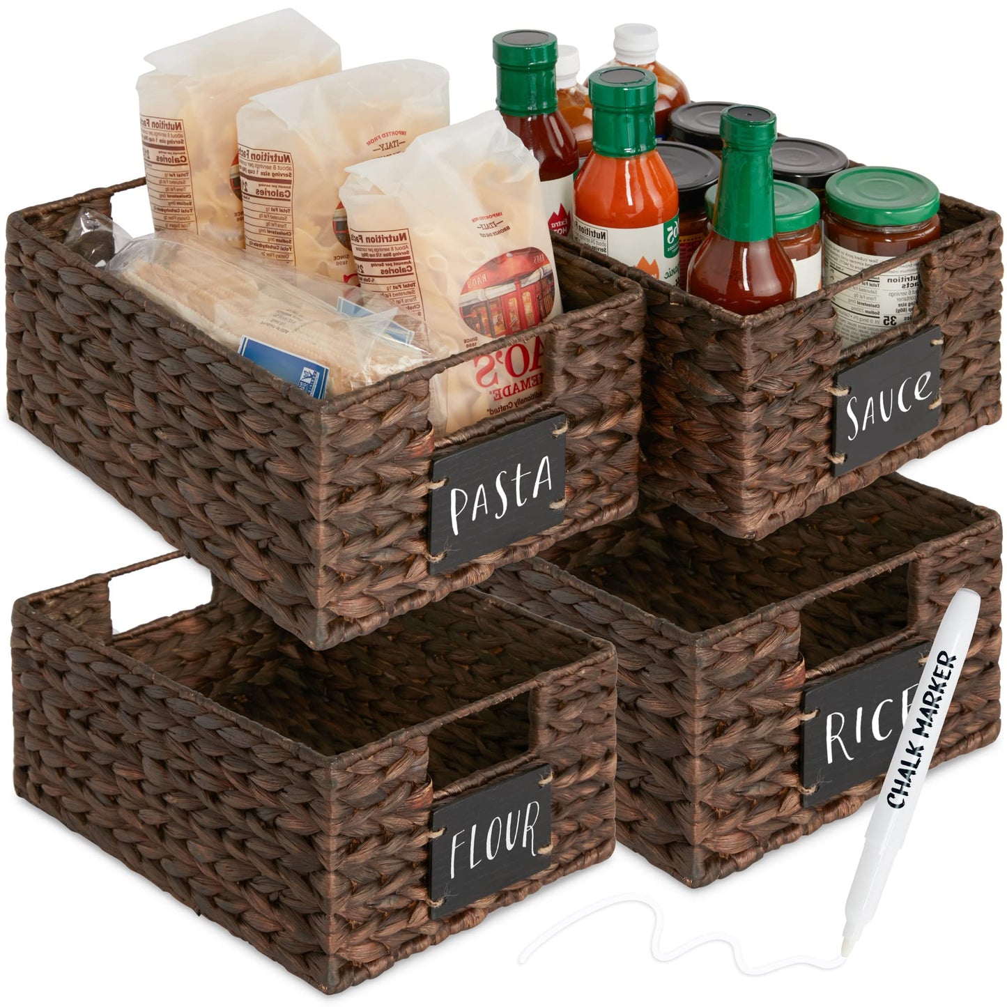 Woven Water Hyacinth Pantry Storage Baskets with Chalkboard Labels Set of 2