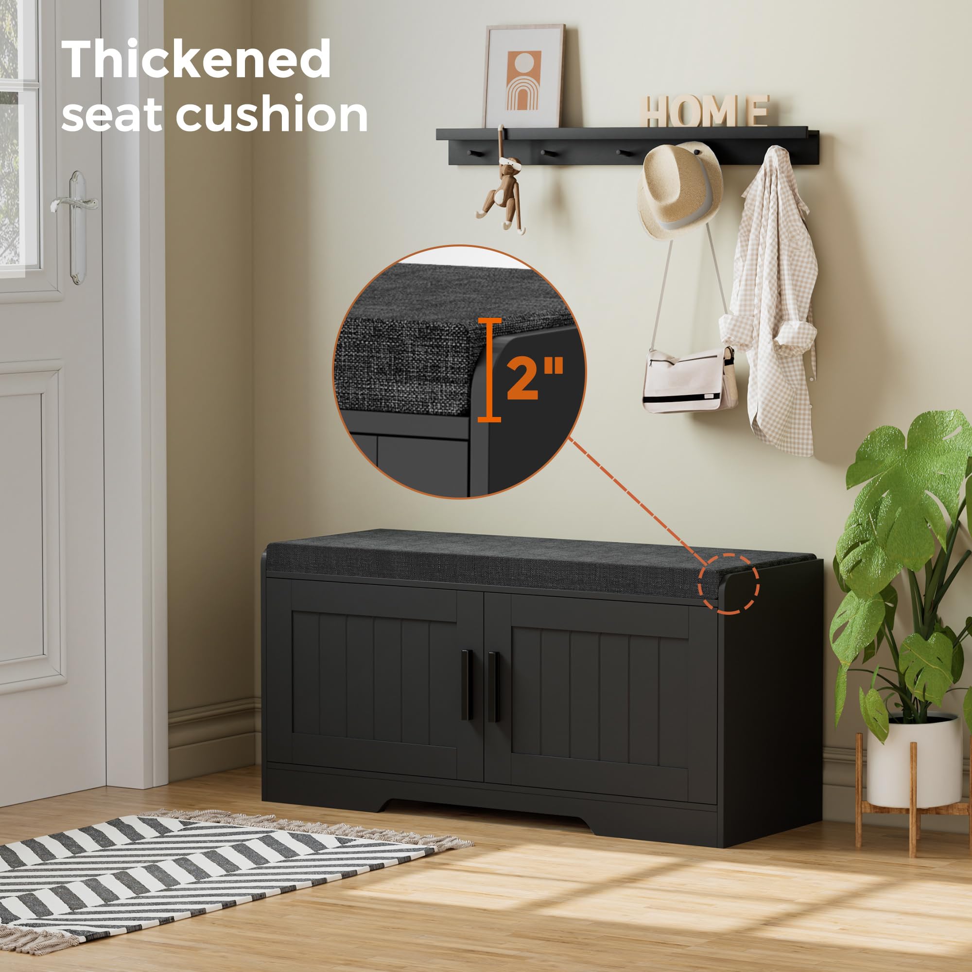 Shoe Bench Storage Bench with Cushion Doors Adjustable Shelf Entryway Bedroom Organizer