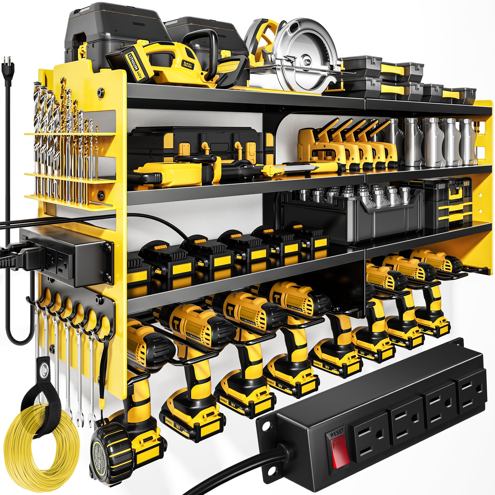 Wall Mounted Power Tool Organizer Charging Station Metal Garage Storage Rack 4 Tier Drill Holder 600 lbs Capacity Battery Tool Rack