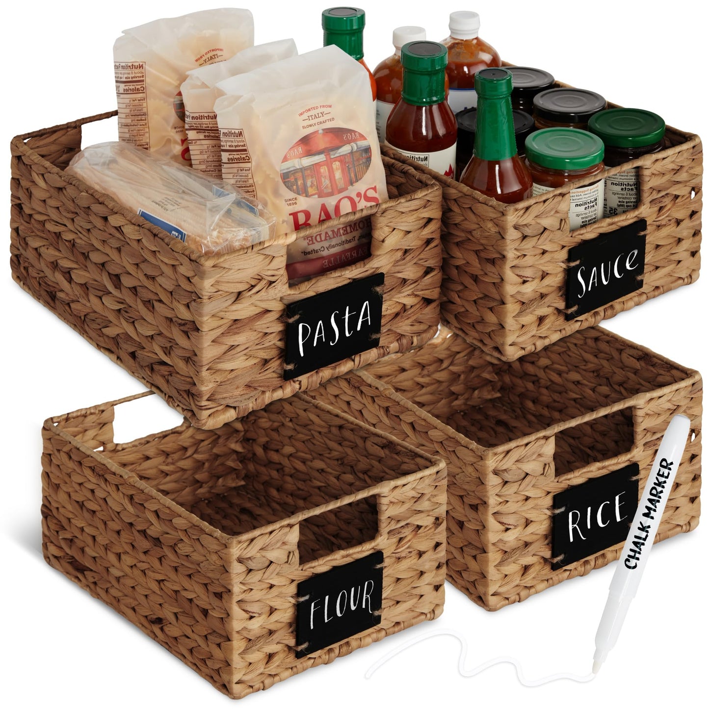 Woven Water Hyacinth Pantry Storage Baskets with Chalkboard Labels Set of 2