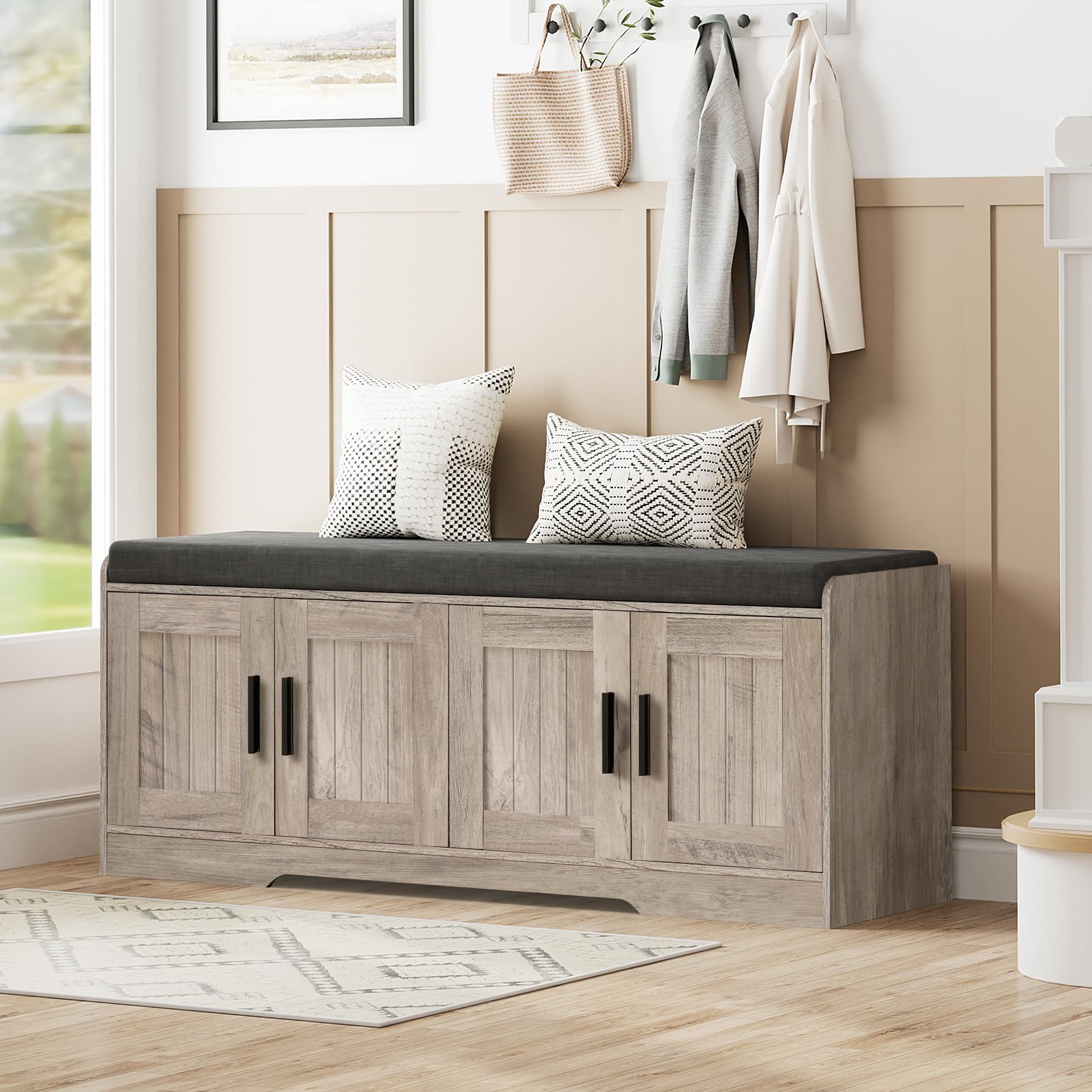 Shoe Bench Storage Bench with Cushion Doors Adjustable Shelf Entryway Bedroom Organizer