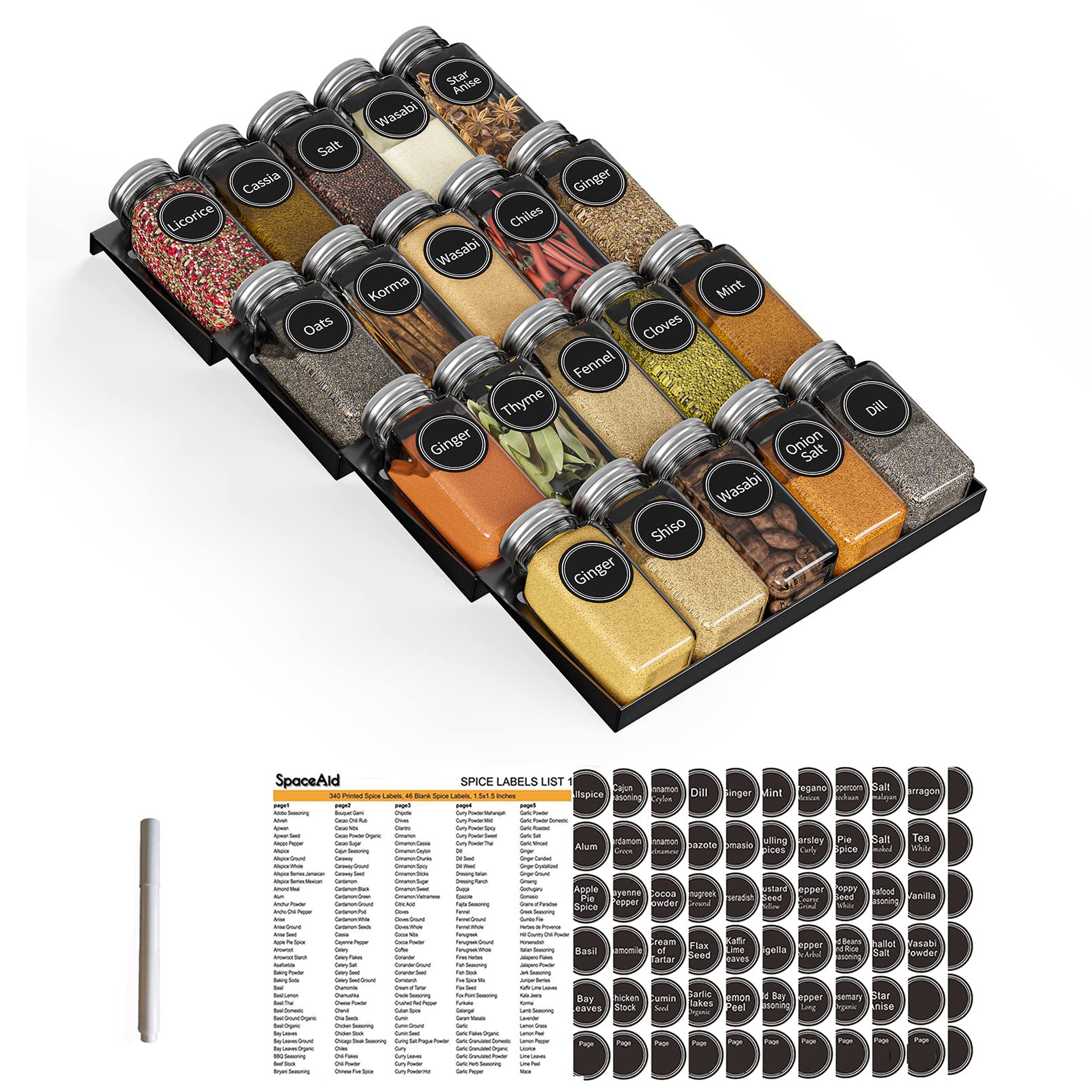 Spice Drawer Organizer with 28 Spice Jars Labels and Marker Kitchen Drawer Storage Rack