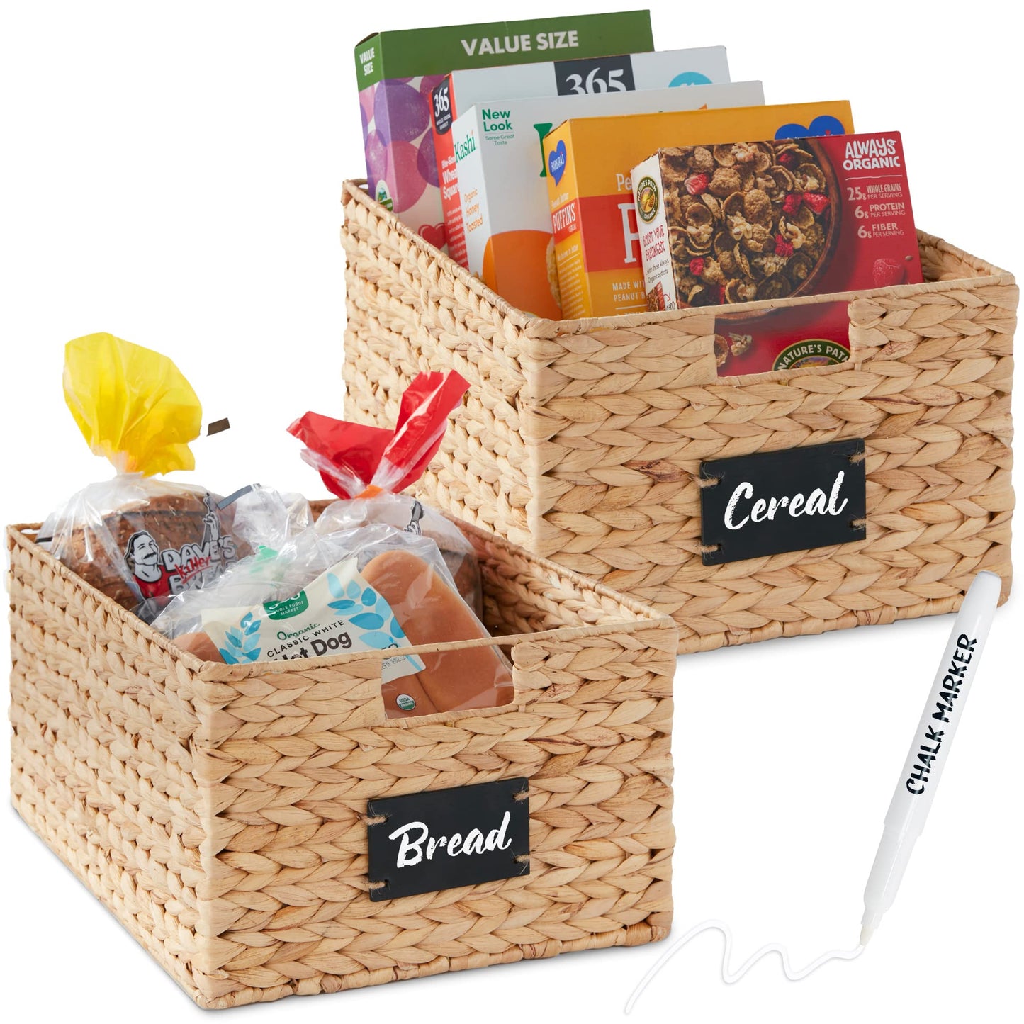 Woven Water Hyacinth Pantry Storage Baskets with Chalkboard Labels Set of 2