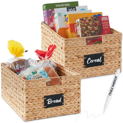 Woven Water Hyacinth Pantry Storage Baskets with Chalkboard Labels Set of 2