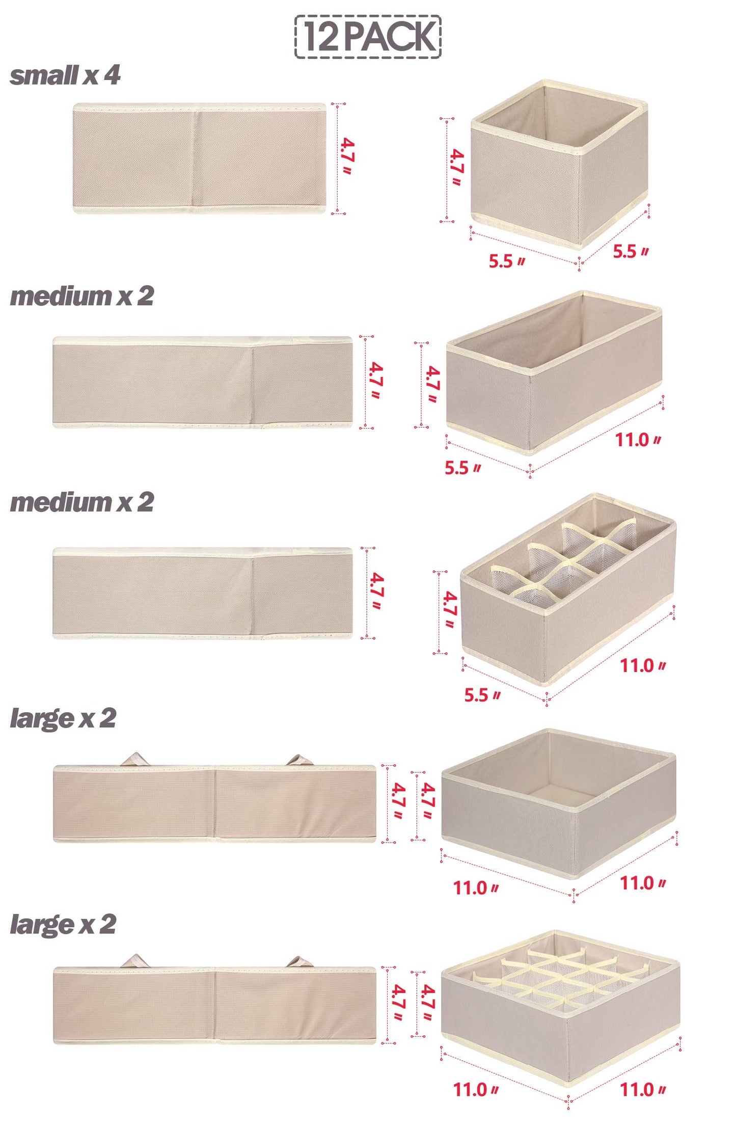 Foldable Drawer Organizer Clothes Storage Bins Fabric Closet Storage Boxes Set of 12