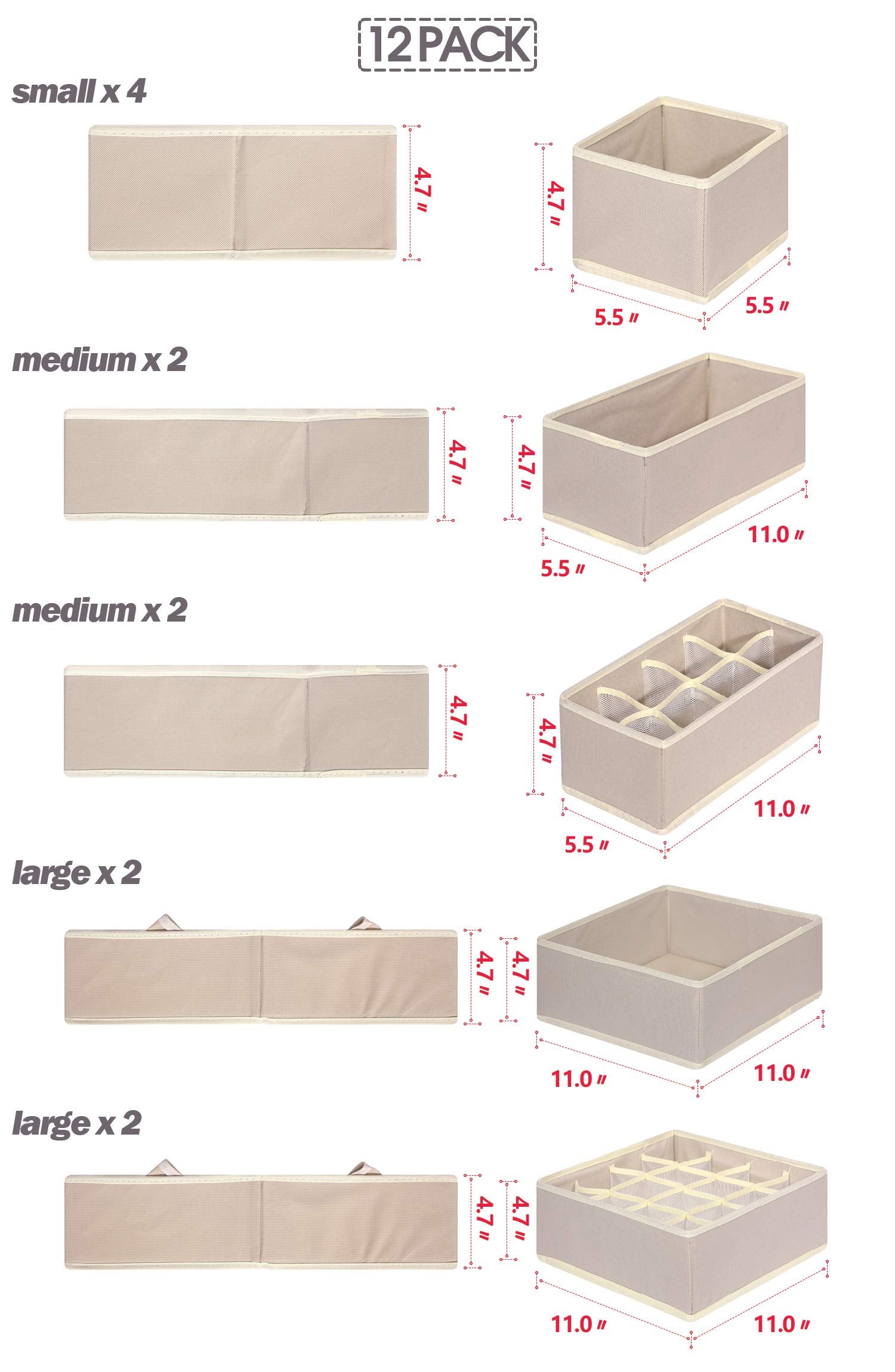 Foldable Drawer Organizer Clothes Storage Bins Fabric Closet Storage Boxes Set of 12