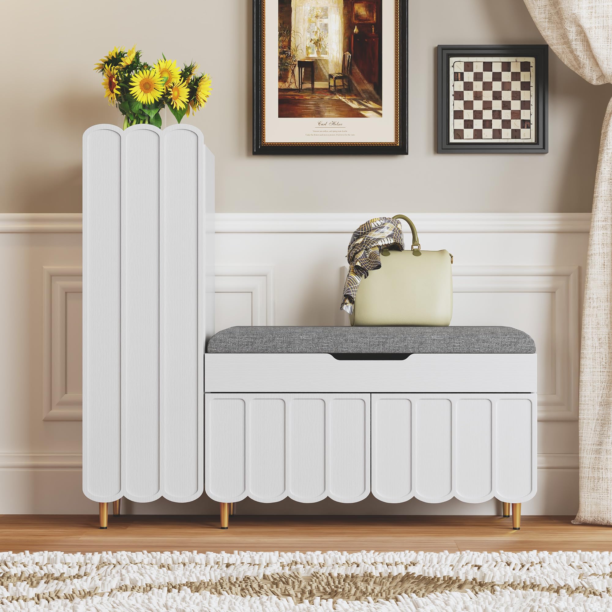 Shoe Cabinet Bench Entryway Storage Adjustable Shelves Cushioned Seat L Shaped Hallway Organizer