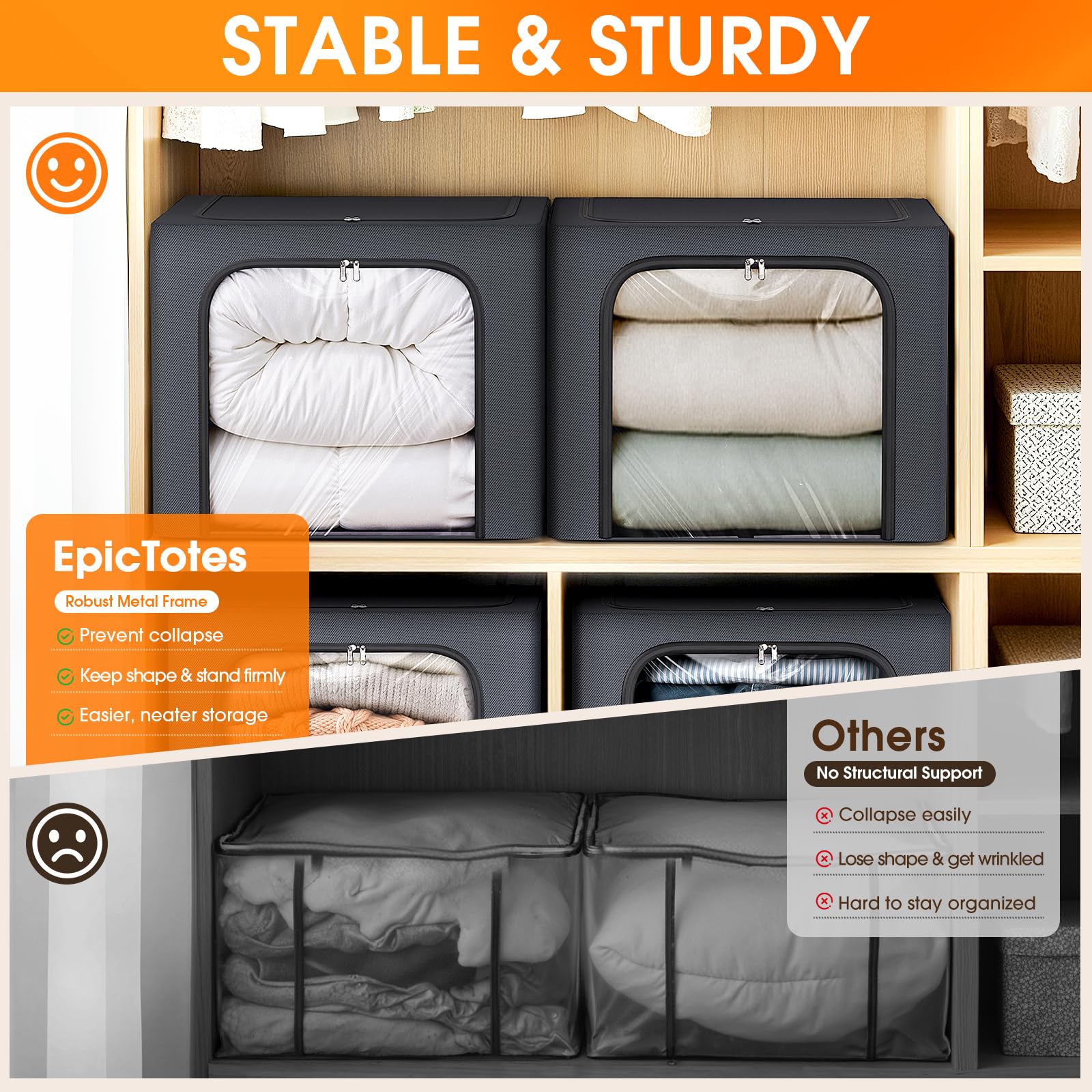 Clothes Storage Bins Metal Frame Storage Bags Fabric Organizer Clear Window Zipper Handles 40L