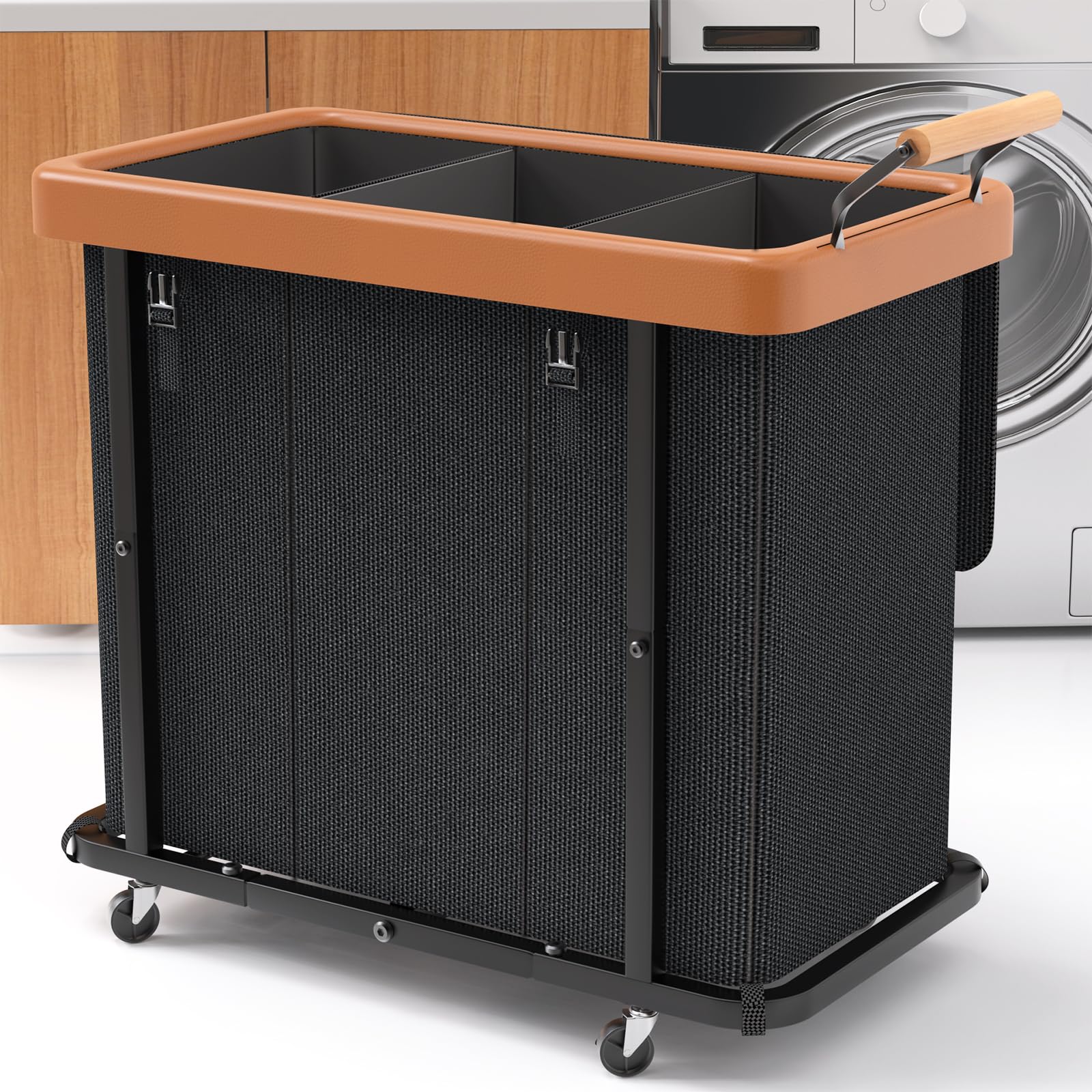 Extra Large 3 Section Rolling Laundry Hamper with Lid Metal Frame Clothes Sorter Cart Laundry Basket Organizer with Wheels