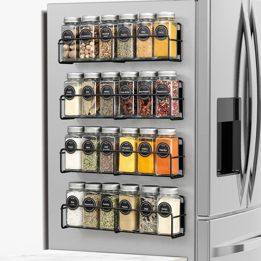 VITEVER Magnetic Spice Rack 4 Pack Glass Jars Label Set Organizer Refrigerator Storage