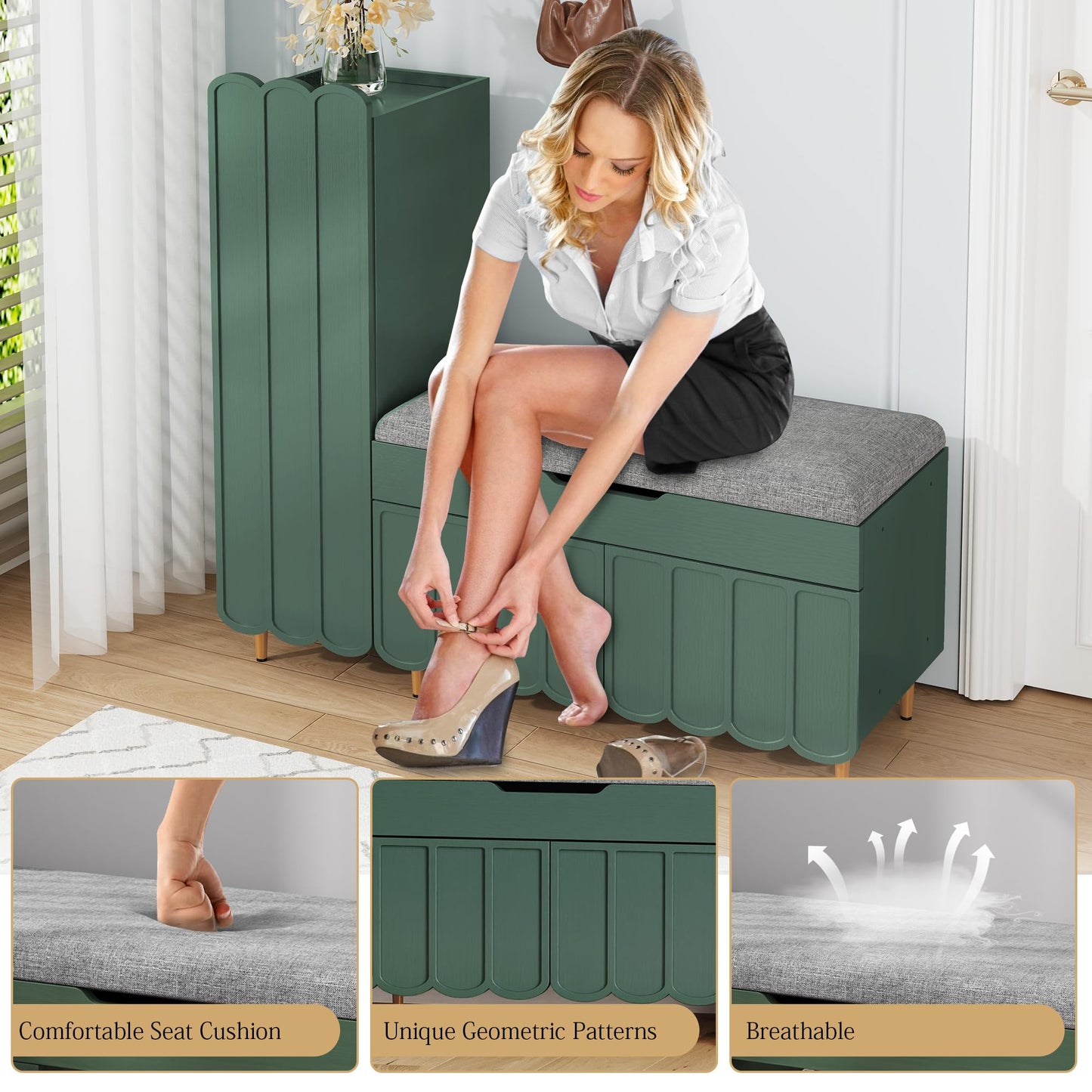 Shoe Cabinet Bench Entryway Storage Adjustable Shelves Cushioned Seat L Shaped Hallway Organizer