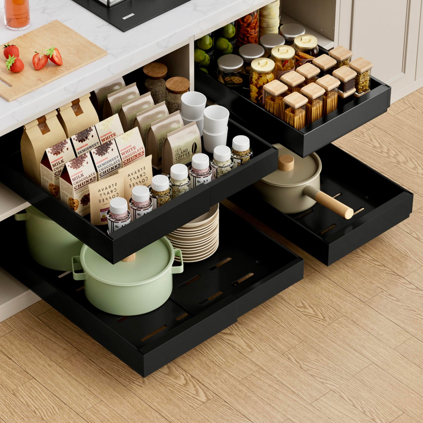 Pull Out Cabinet Organizer Expandable Sliding Drawer Kitchen Cabinet Storage Rack Adhesive Nano Film System