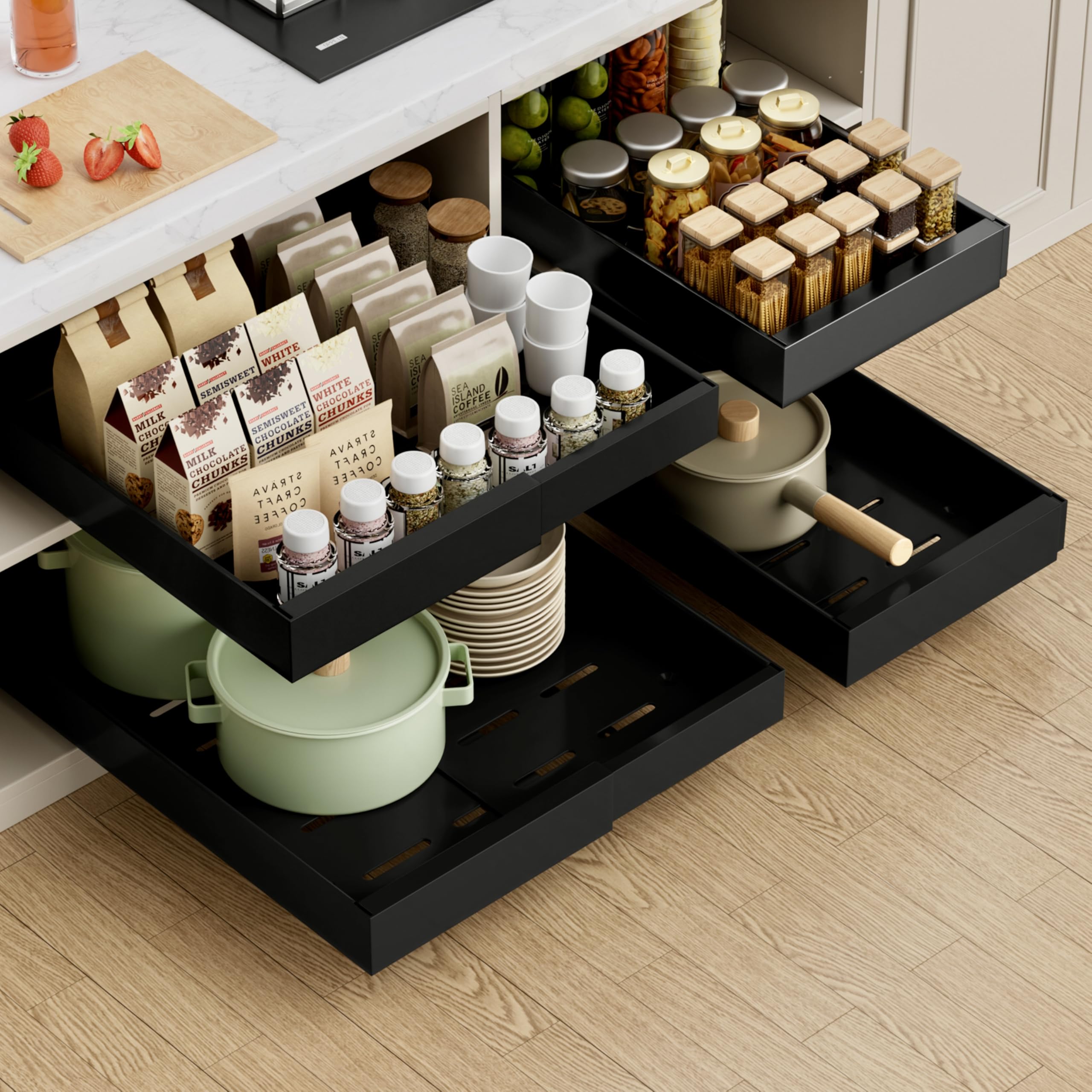 Pull Out Cabinet Organizer Expandable Sliding Drawer Kitchen Cabinet Storage Rack Adhesive Nano Film System
