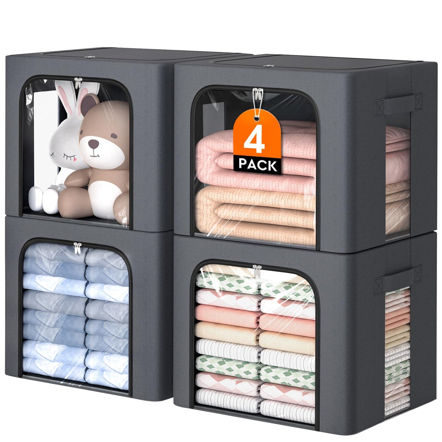 Clothes Storage Bins Metal Frame Storage Bags Fabric Organizer Clear Window Zipper Handles 40L