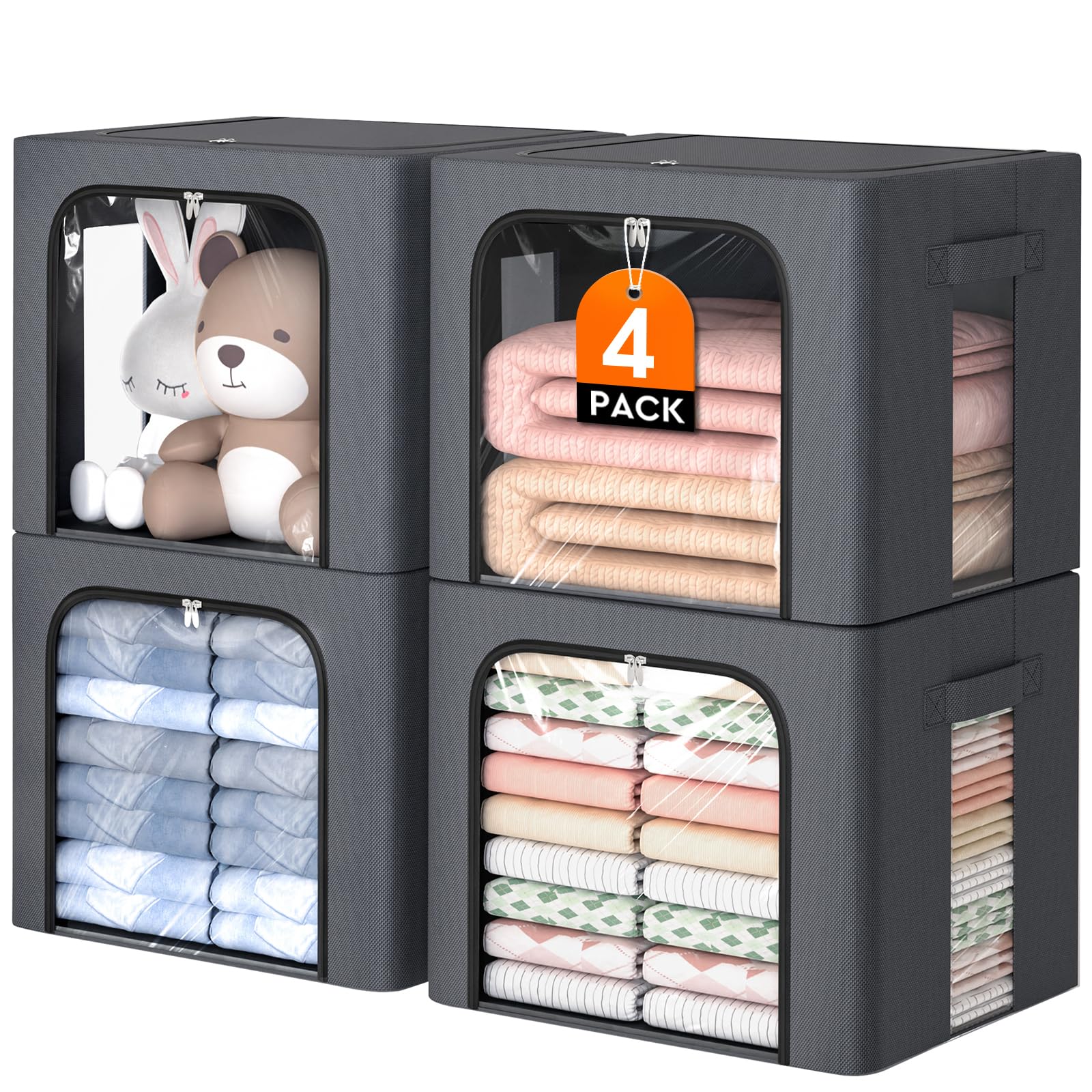 Clothes Storage Bins Metal Frame Storage Bags Fabric Organizer Clear Window Zipper Handles 40L