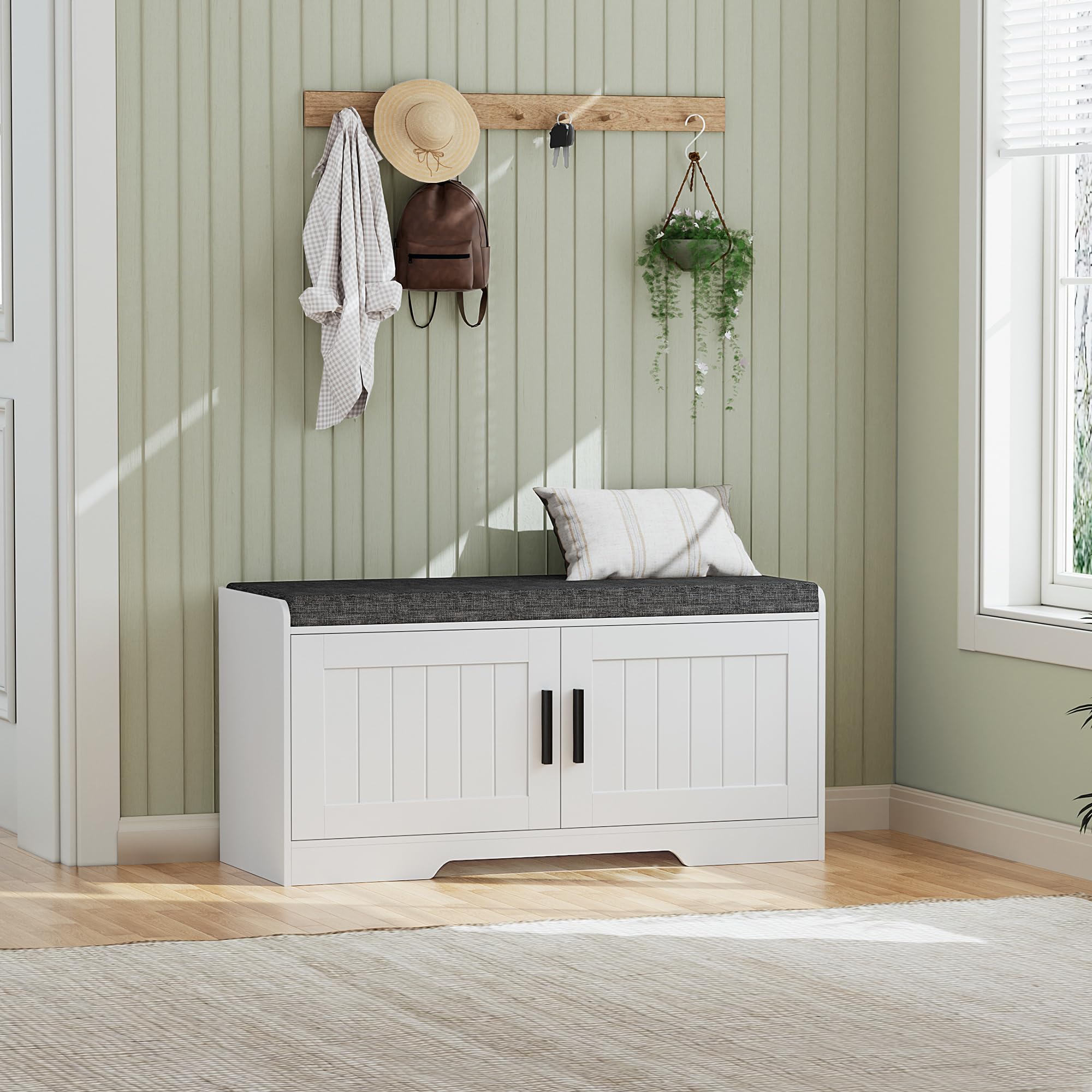 Shoe Bench Storage Bench with Cushion Doors Adjustable Shelf Entryway Bedroom Organizer