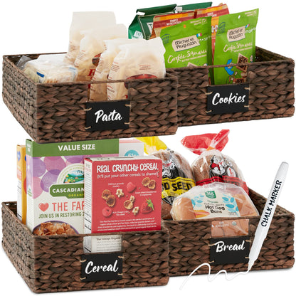 Woven Water Hyacinth Pantry Storage Baskets with Chalkboard Labels Set of 2