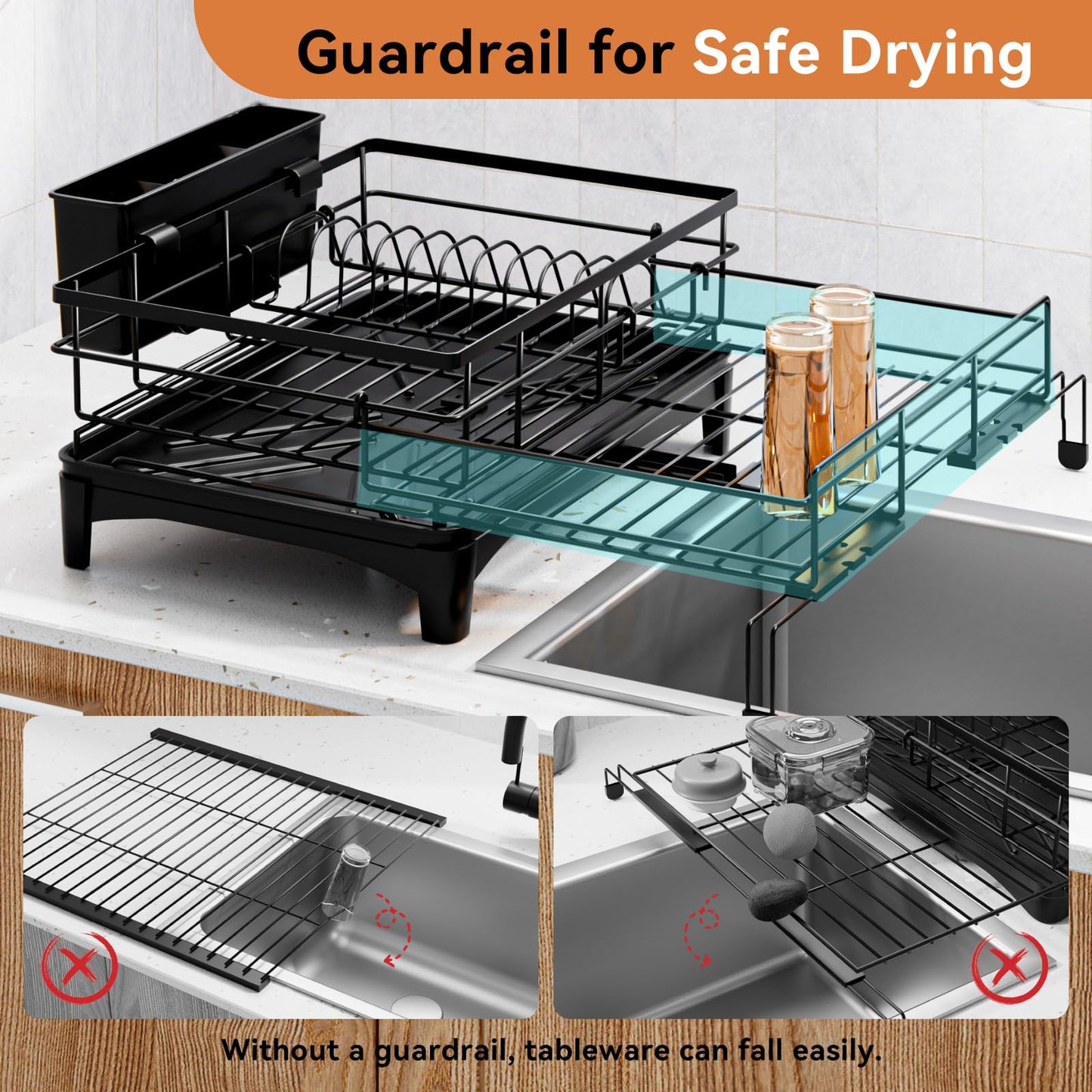 Dish Drying Rack Expandable Kitchen Counter Rust Proof Utensil Holder Drain Rack
