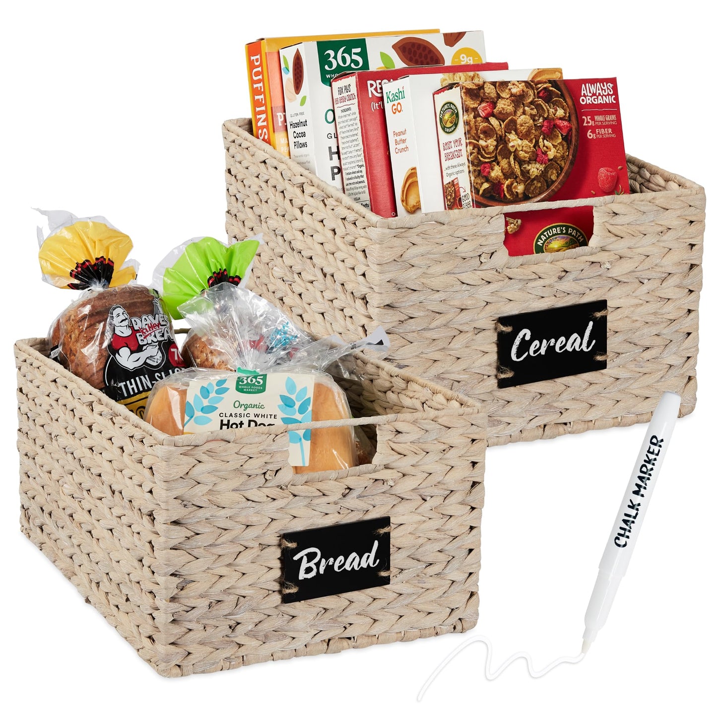 Woven Water Hyacinth Pantry Storage Baskets with Chalkboard Labels Set of 2