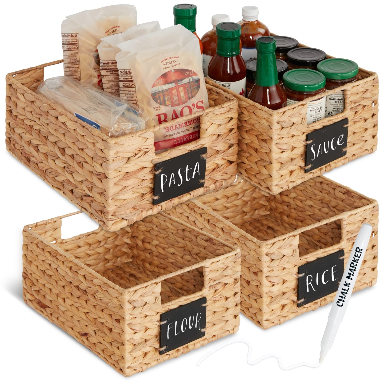 Woven Water Hyacinth Pantry Storage Baskets with Chalkboard Labels Set of 2