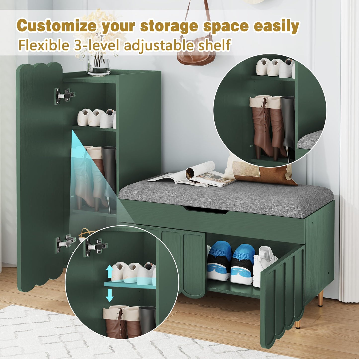 Shoe Cabinet Bench Entryway Storage Adjustable Shelves Cushioned Seat L Shaped Hallway Organizer