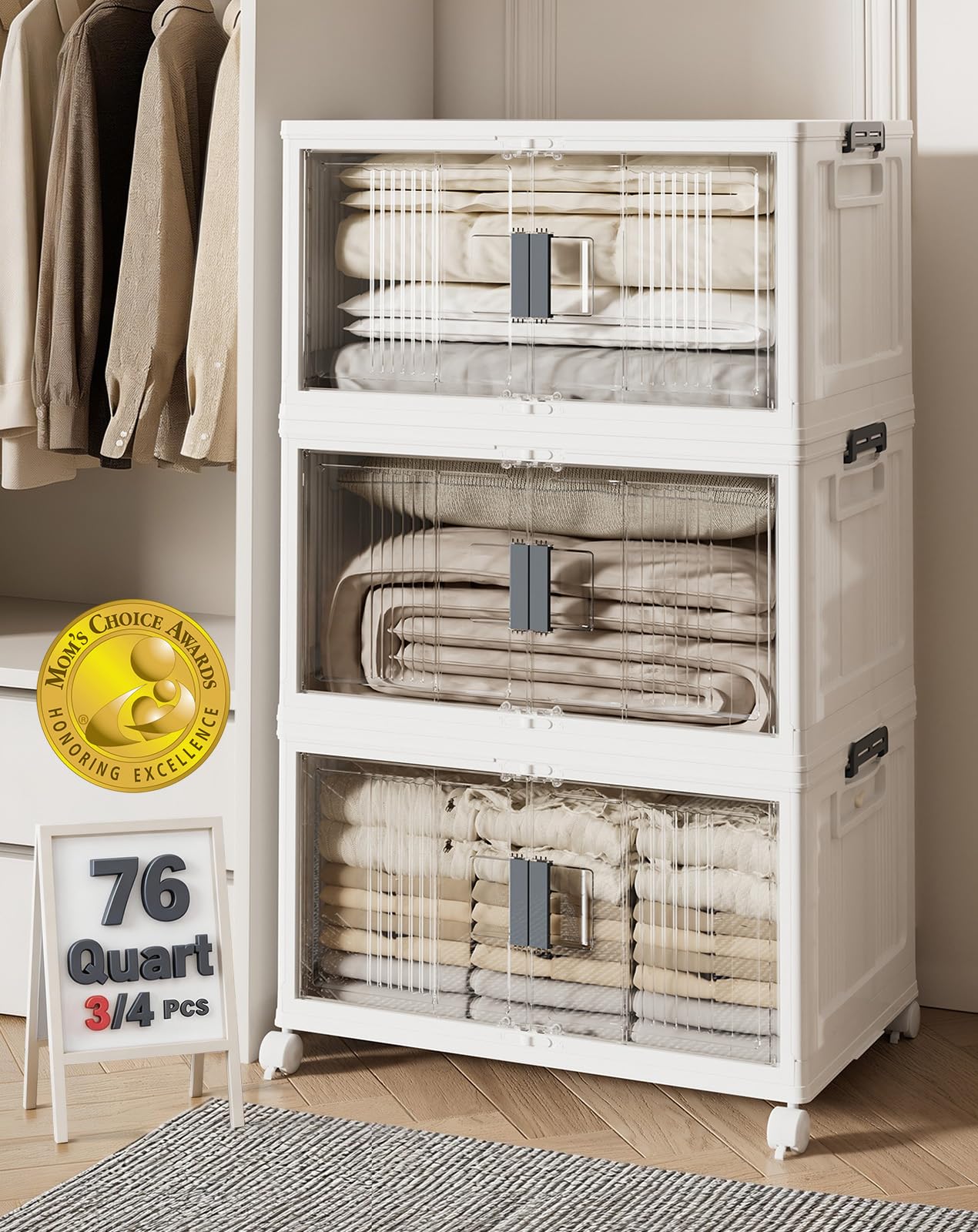 Folding Storage Bins with Doors and Wheels Collapsible Plastic Closet Storage Organizer Stackable Storage Boxes