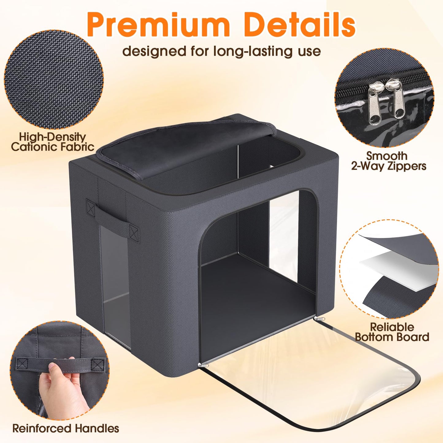 Clothes Storage Bins Metal Frame Storage Bags Fabric Organizer Clear Window Zipper Handles 40L