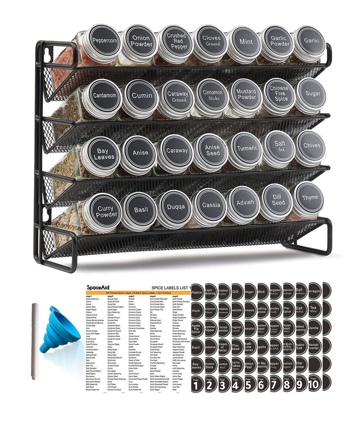Spice Rack Organizer with Jars Labels Marker Funnel Cabinet Pantry Wall Mount Storage Set