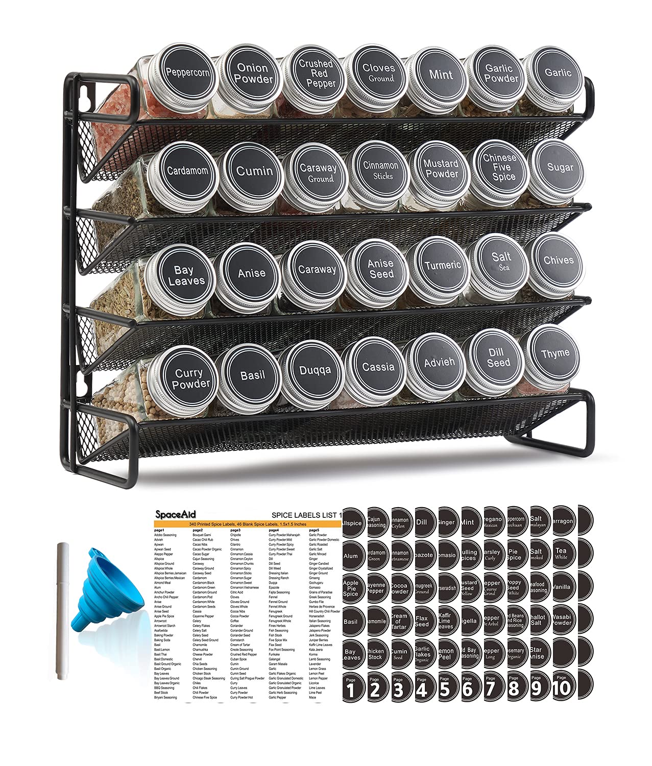 Spice Rack Organizer with Jars Labels Marker Funnel Cabinet Pantry Wall Mount Storage Set
