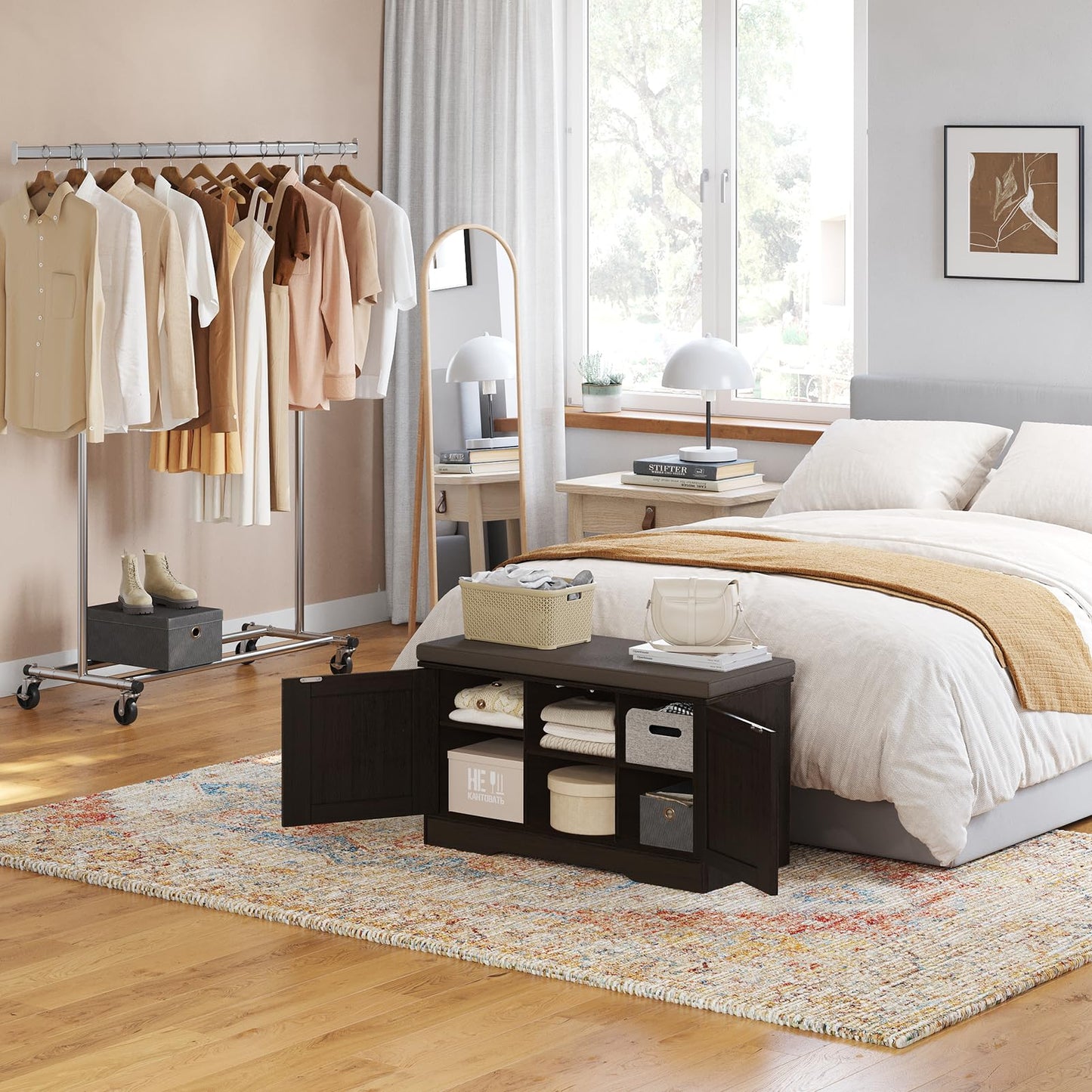 DINZI LVJ Shoe Bench, Entryway Storage Bench with Doors and Cushion,Parent