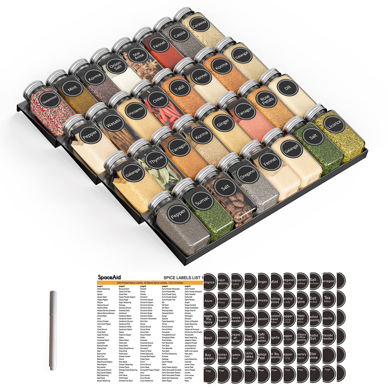 Spice Drawer Organizer with 28 Spice Jars Labels and Marker Kitchen Drawer Storage Rack