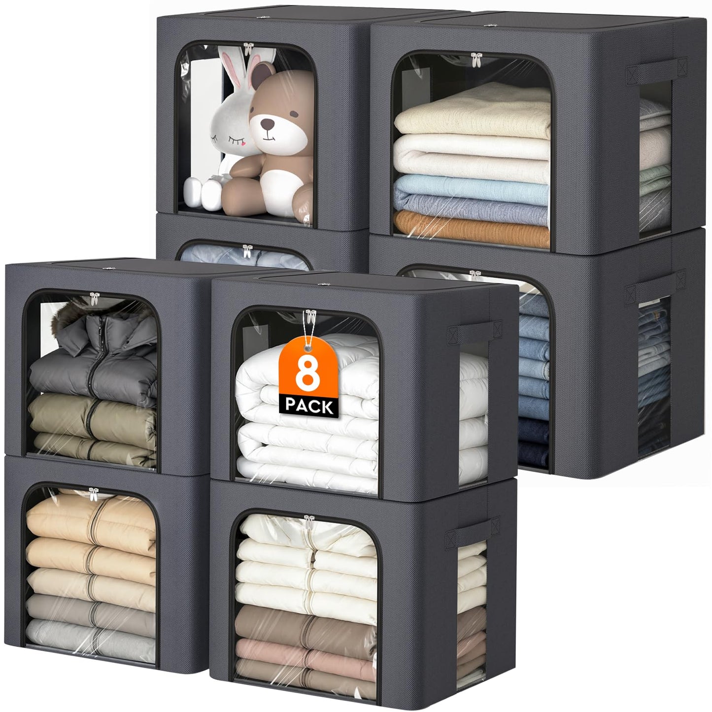 Clothes Storage Bins Metal Frame Storage Bags Fabric Organizer Clear Window Zipper Handles 40L
