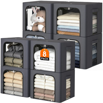 Clothes Storage Bins Metal Frame Storage Bags Fabric Organizer Clear Window Zipper Handles 40L