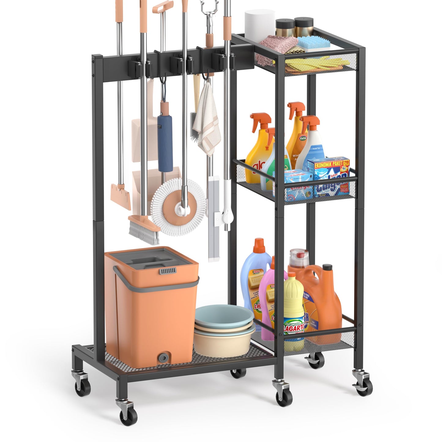 Broom Holder Cleaning Supplies Organizer Mop Vacuum Storage Rack Laundry Room Organizer Cart