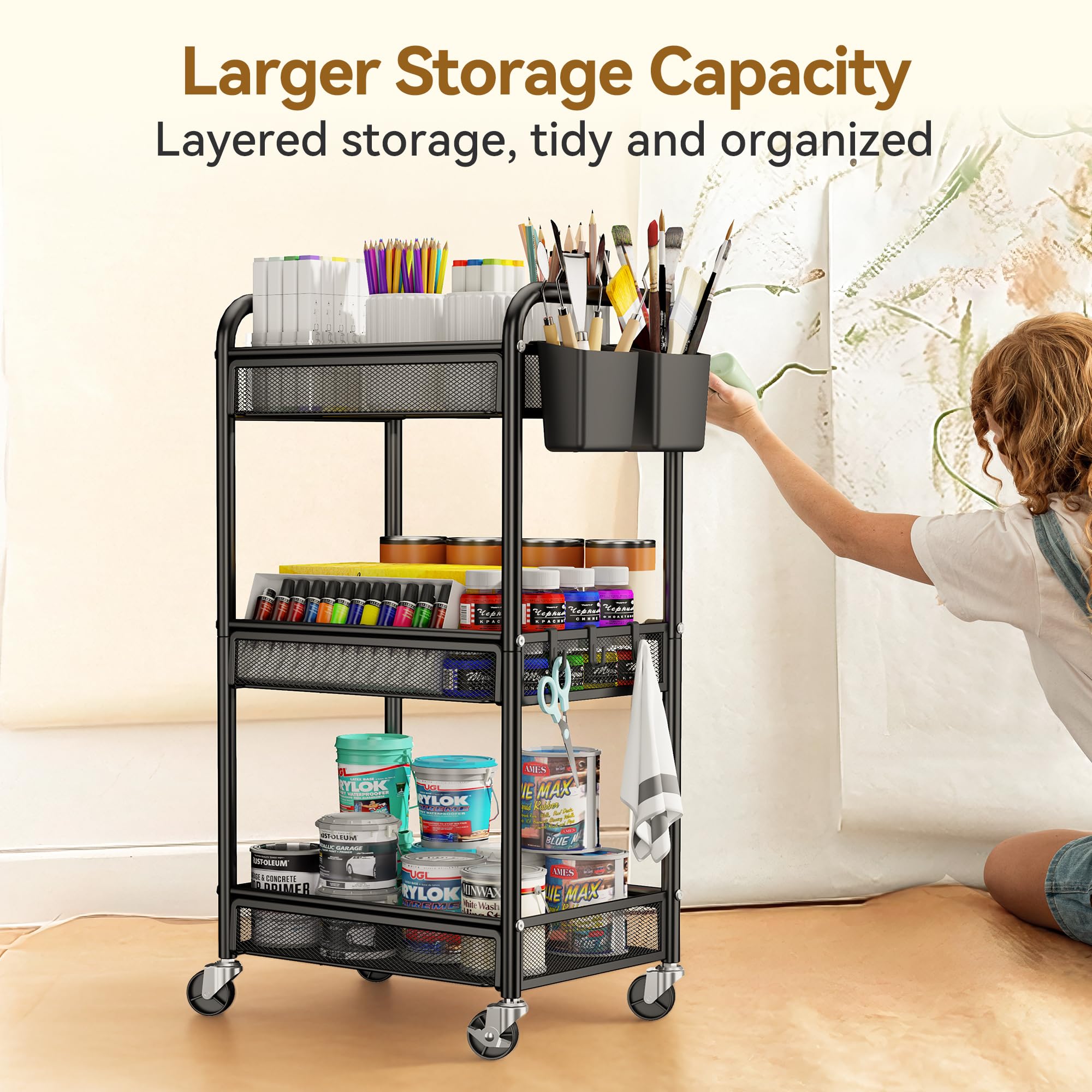 YASONIC 3 Tier Rolling Cart Metal Utility Storage Cart with Wheels