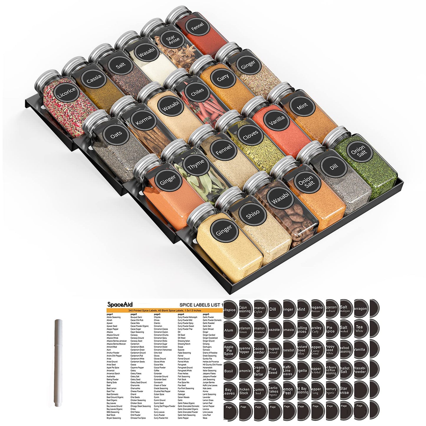 Spice Drawer Organizer with 28 Spice Jars Labels and Marker Kitchen Drawer Storage Rack