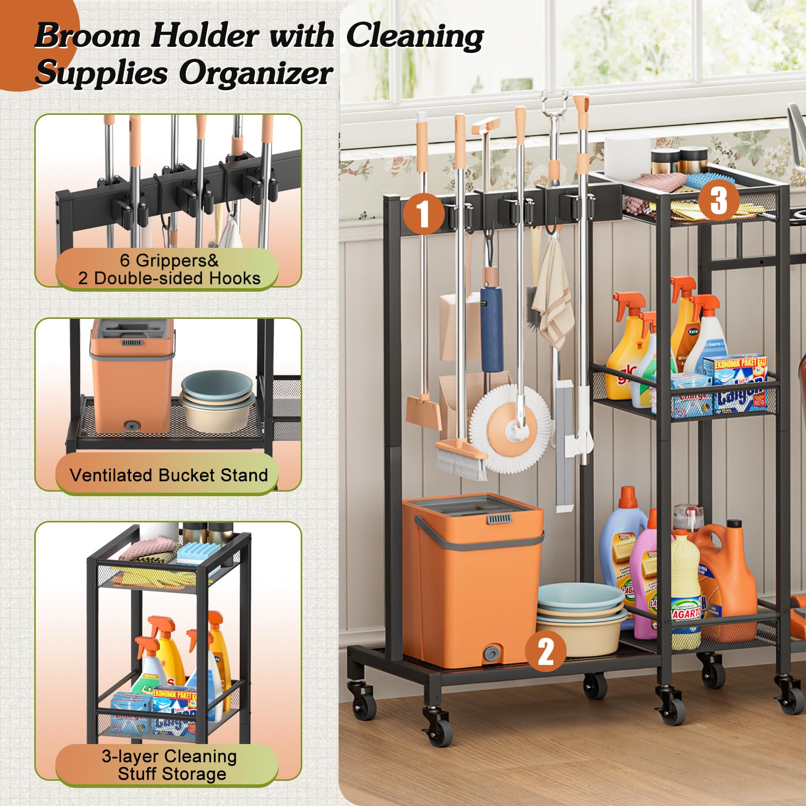 Broom Holder Cleaning Supplies Organizer Closet Storage Cabinet Mop Vacuum Storage Rack Laundry Room Organizer Cabinet